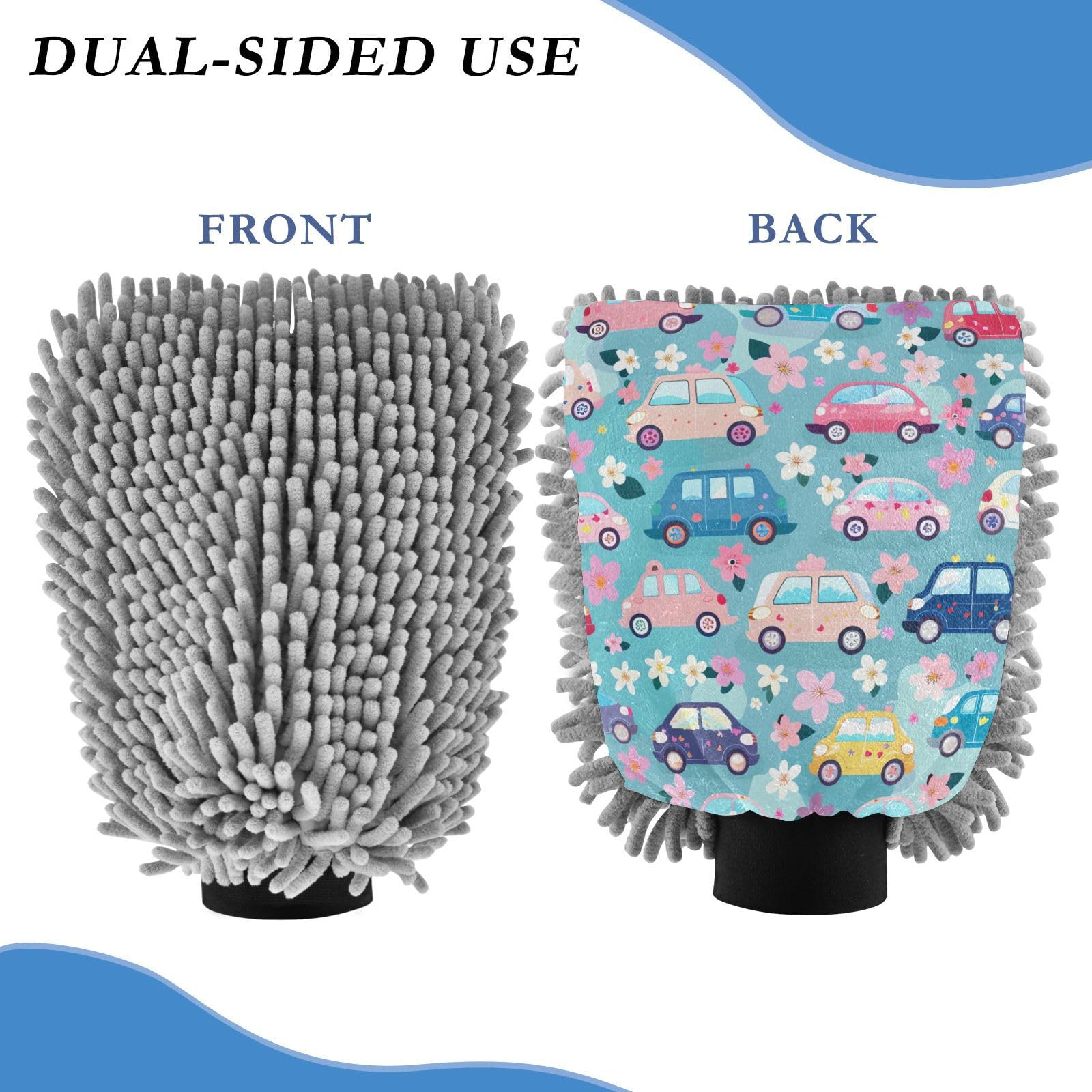 IOACIY Absorbent Microfiber Car Wash Drying Mitts, 2 Pack, Scratch-Free & Lint-Free, Rich Foam, Highly Absorbent, Double Sided, Wash Mitt Perfect for Car Washing, L, Cartoon Car Pattern (7)