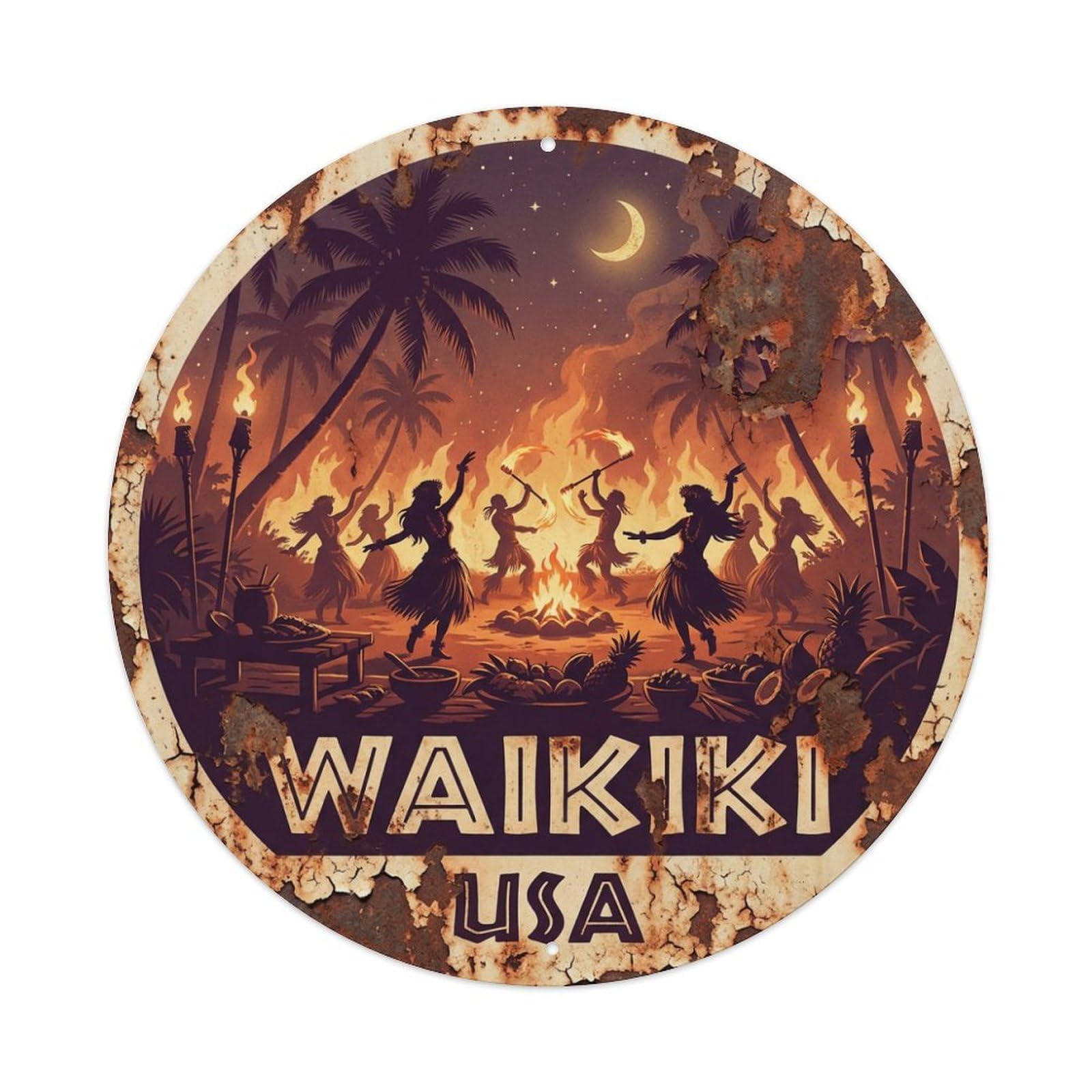 Vintage Travel Waikiki Hawaii Traditional Metal Tin Sign