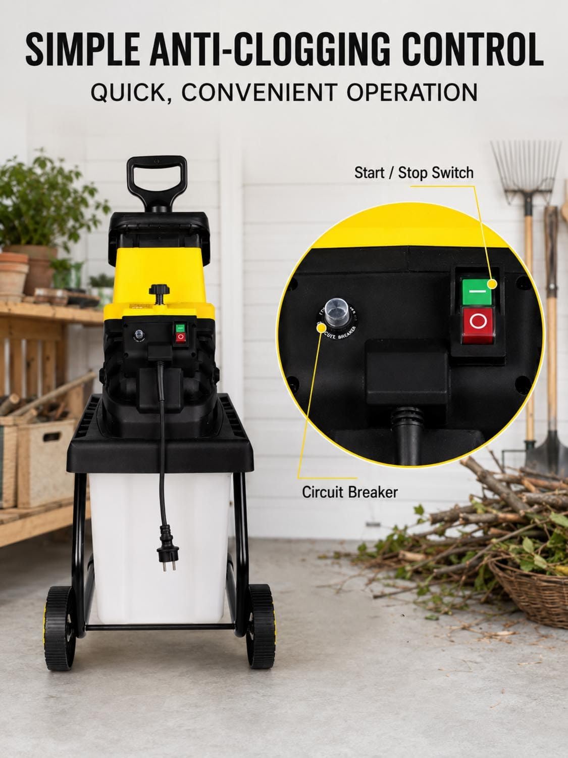 Biotrituradora Eléctrica para Ramas y Residuos del Jardín 30m-PowerCord | Potente motor y cuchillas reversibles transforman las ramas en mantillo para compostaje y mantenimiento eficiente del jardín