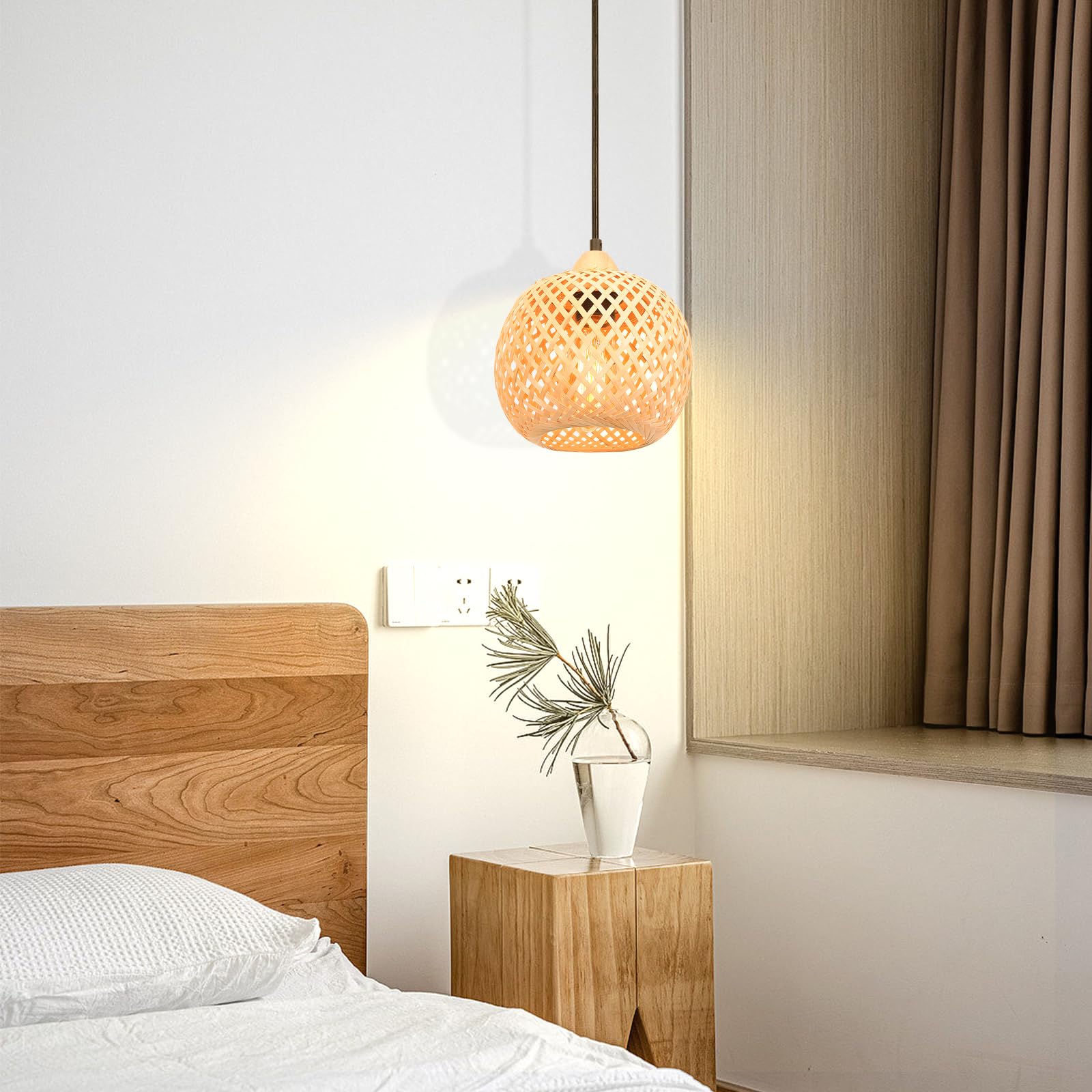 2 Stück Pendelleuchte Bambus Weben Kronleuchter Rattan Boho Style Bambus Lampenschirm Vintage Deckenlampe Dekoration Deckenleuchte für Restaurant, Wohnzimmer, Küche, Café