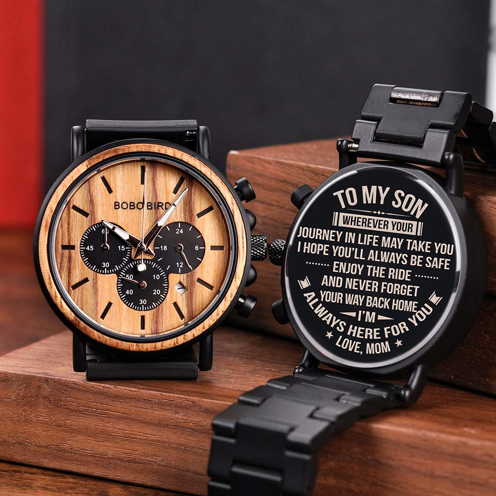 BOBO Bird Orologi da uomo personalizzati in legno inciso, elegante legno e acciaio inossidabile combinati al quarzo casual orologio da polso per uomini, famiglia, amici, orologio personalizzato, A-for
