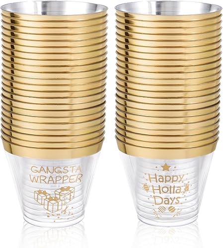 WELLIFE 60 tazas de fiesta de Navidad, vasos de Navidad de 9 onzas, vasos de plástico de Navidad con diseño dorado de regalos de Navidad y deseos,