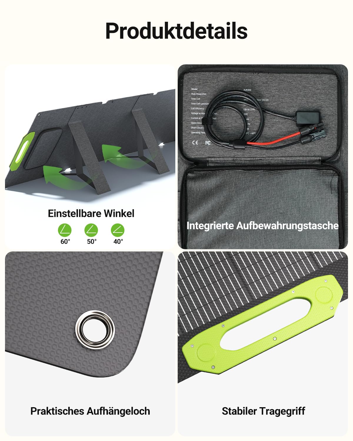 400W Solarpanel Faltbar mit 4-in-1 Kabel (Anderson/XT60/DC5521/DC5525), IP67 Wasserdicht, Verstellbarer Neigungswinkel, Solarpanel Camping für Tragbare Powerstation, Outdoor Garten Wohnwagen