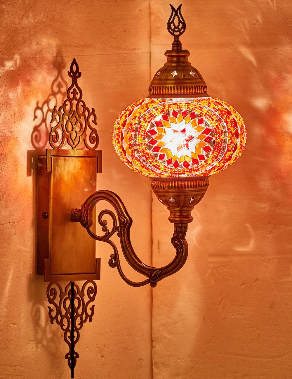 Turkish Moroccan Mosaic Plug-in Wall Sconce Lamp, Handmade Tiffany-Style Glass Globe, Ornate Brass Base, 5.2ft Cord, Decorative Lighting for Living