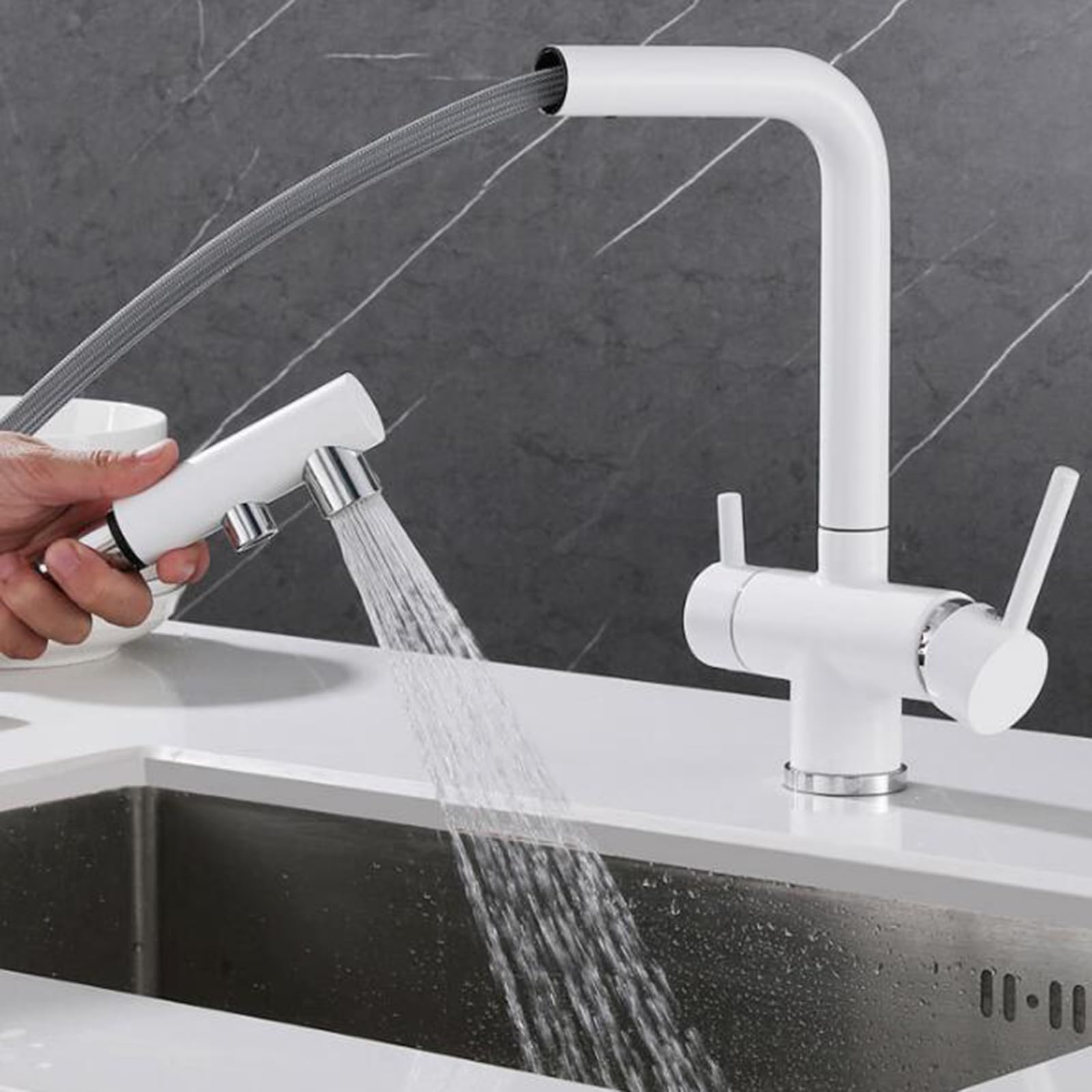 Grifo de Cocina Osmosis 3 Vias Extraible Giratorio 2 Modos Multifunción Grifo Cocina 3 Vias-Blanco