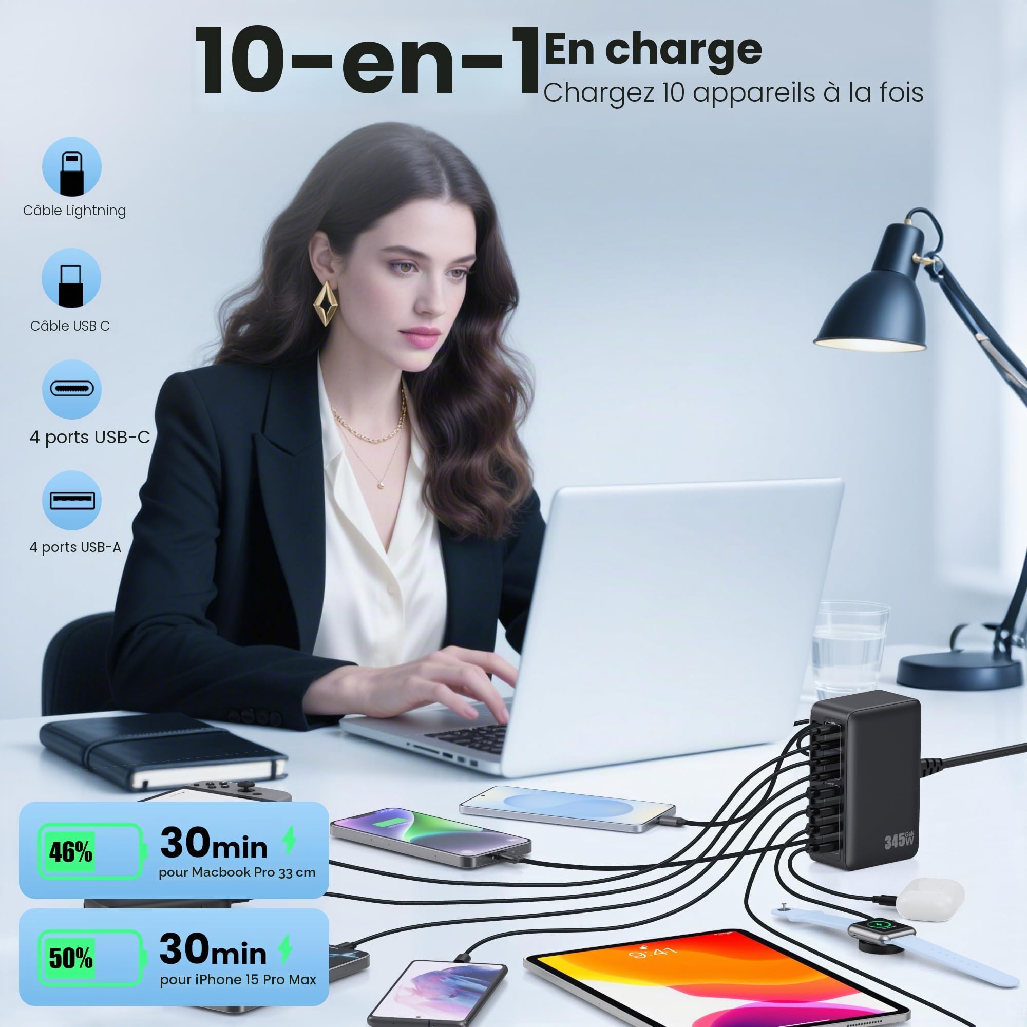 345W Chargeur USB C Multiple avec Câble Rétractable, 10-en-1 GaN VI Tech Prise USB, PD/PPS/QC Chargeur Rapide Multiple Station de Charge pour MacBook Pro/Air, iPhone, i Pad, Sam Sung Tablette etc.