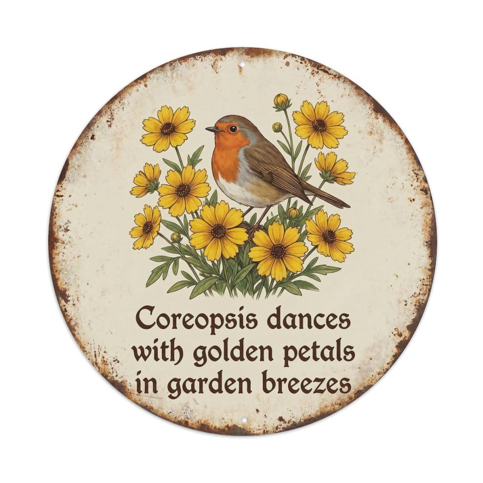 Robin Bird Garden Quote Coreopsis CircleMetal Tin Sign