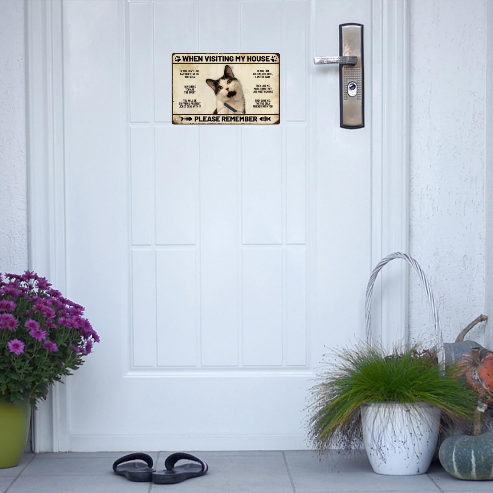 Plaque Métal Vintage Chat Noir - Déco Drôle "Gardez La Porte Fermée" - 20x30 Cm
