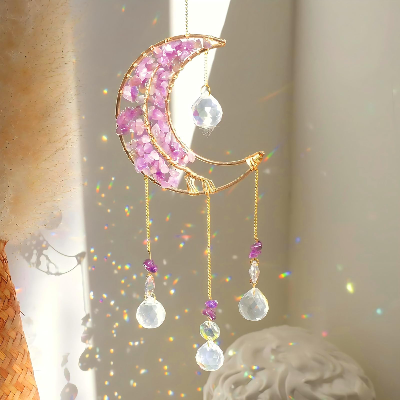 Crystal Moon Suncacher-Sun Catchers Indoor Window Prism Moon Crystal Dream Catcher Natural Healing Stones Rainbow Maker Garden Car Decoration Outdoor(Amethys)