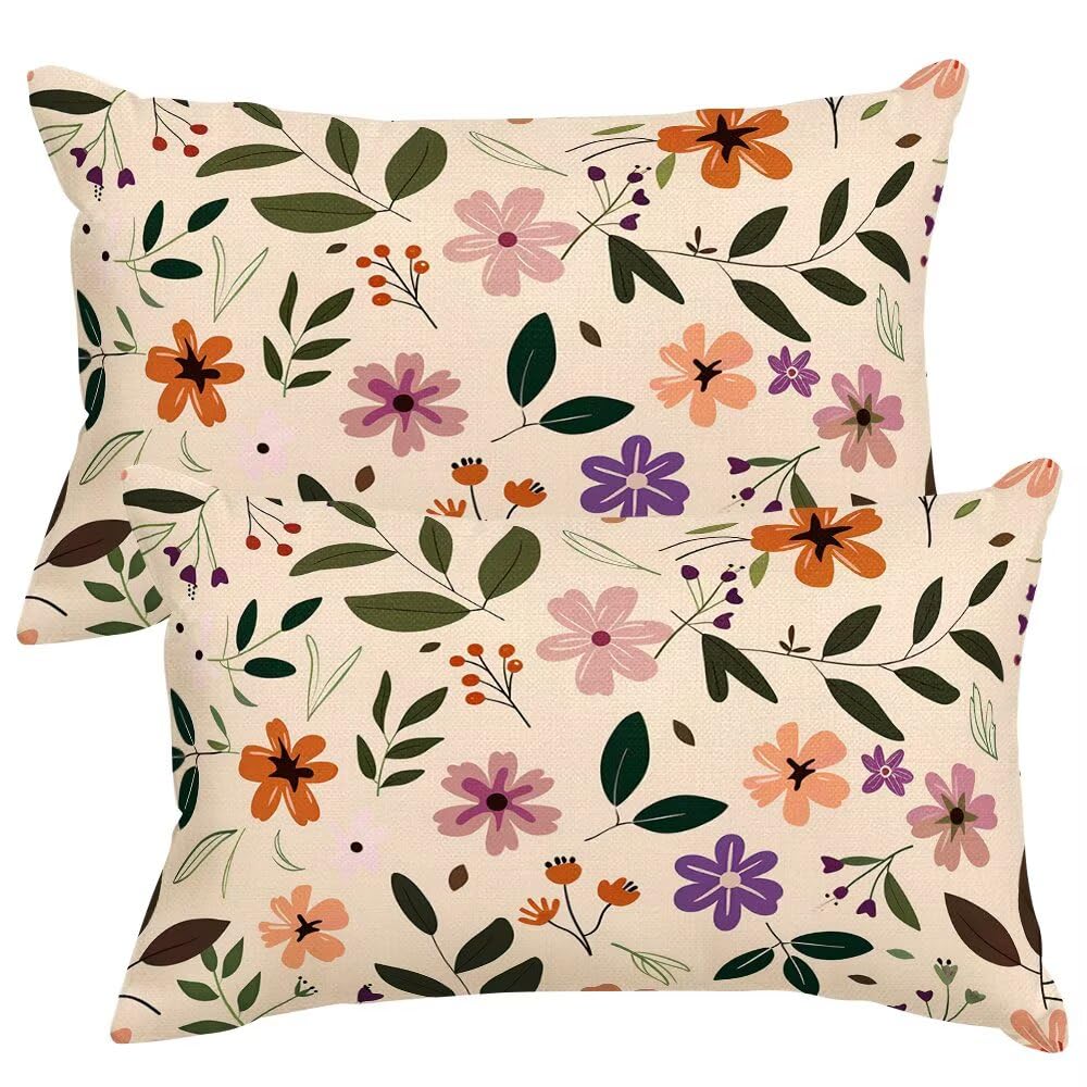 Cushion Covers 35cm x 55cm Spring Flowers Cushion Cover 14 x 22 Inches Pack of 2 Throw Pillow Covers Pastoral Style Sofa Cushions Polyester Linen Pillowcases for Living Room Bedroom Home Decor -SC353