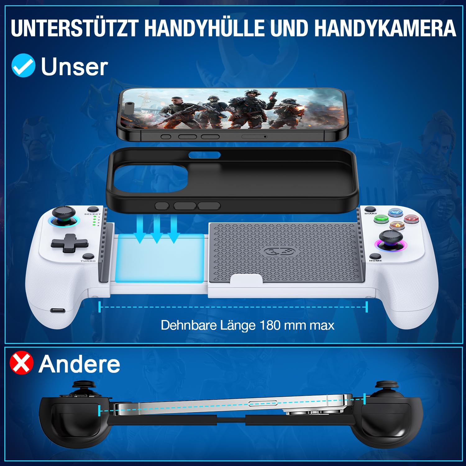 Elegamefy Controller cellulare per iPhone/Android, smartphone controller con joystick aggiornato senza zone morte, coloful luce mobile gaming controller per cellulare supporto cellulare
