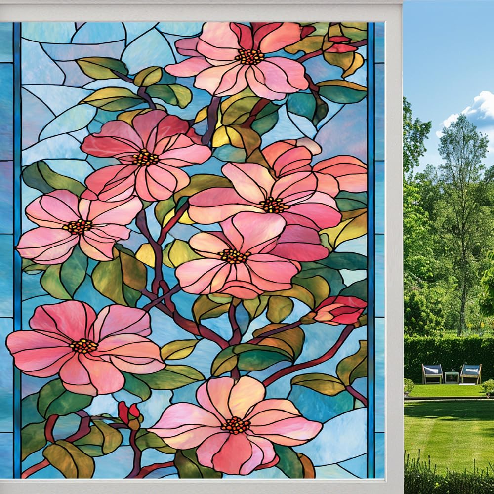 Boho Style Floral Frosted Window Film, Elegant Flower Branch Stained Glass Privacy Film, Heat Insulation Self-Adhesive Vinyl for Bathroom Office, （50x100cm）
