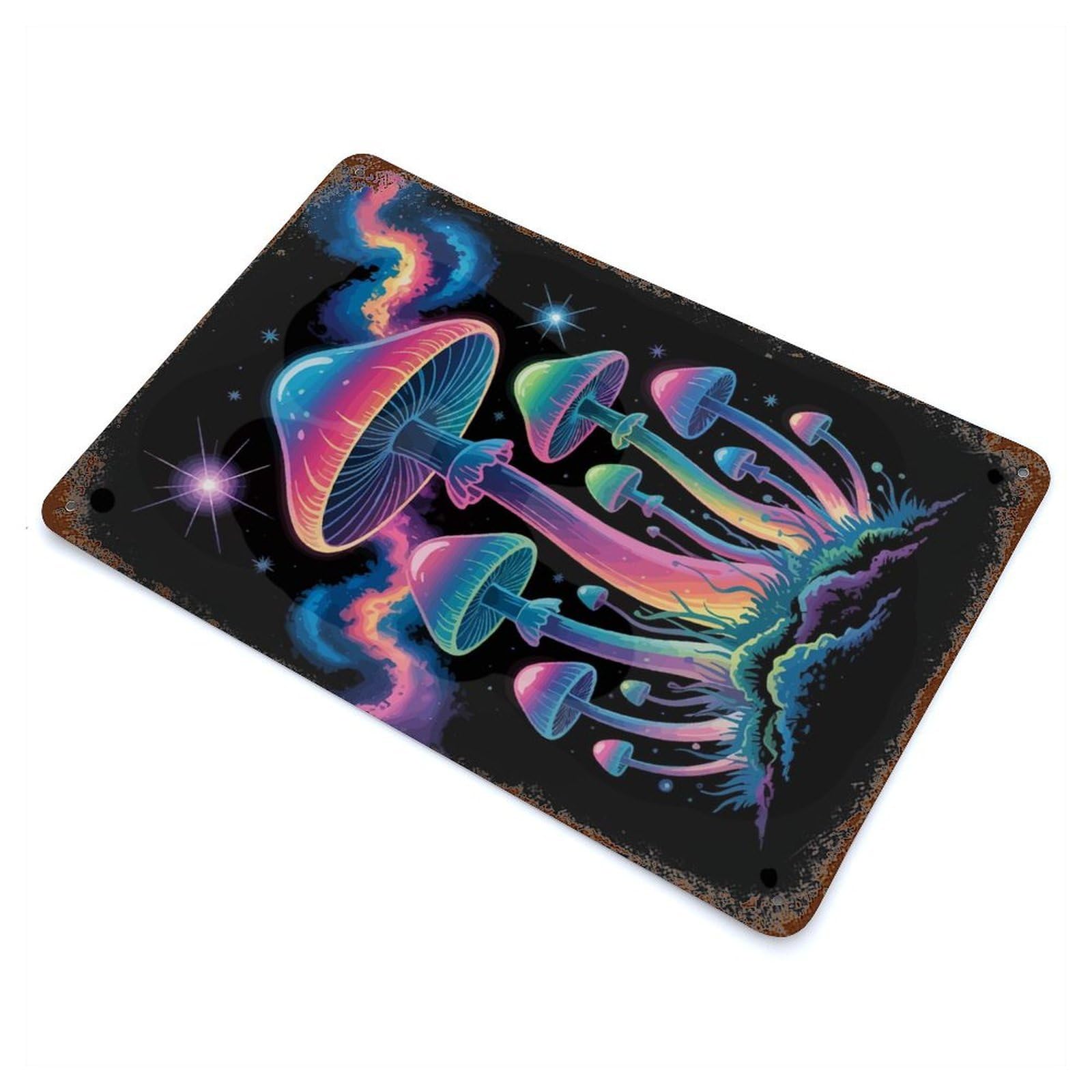 Psychedelic Mushroom Garden Aged Metal Wall Plaque 11.8"x7.9", Decorative Metal Wall Art for Garage, Pub Or Kitchen