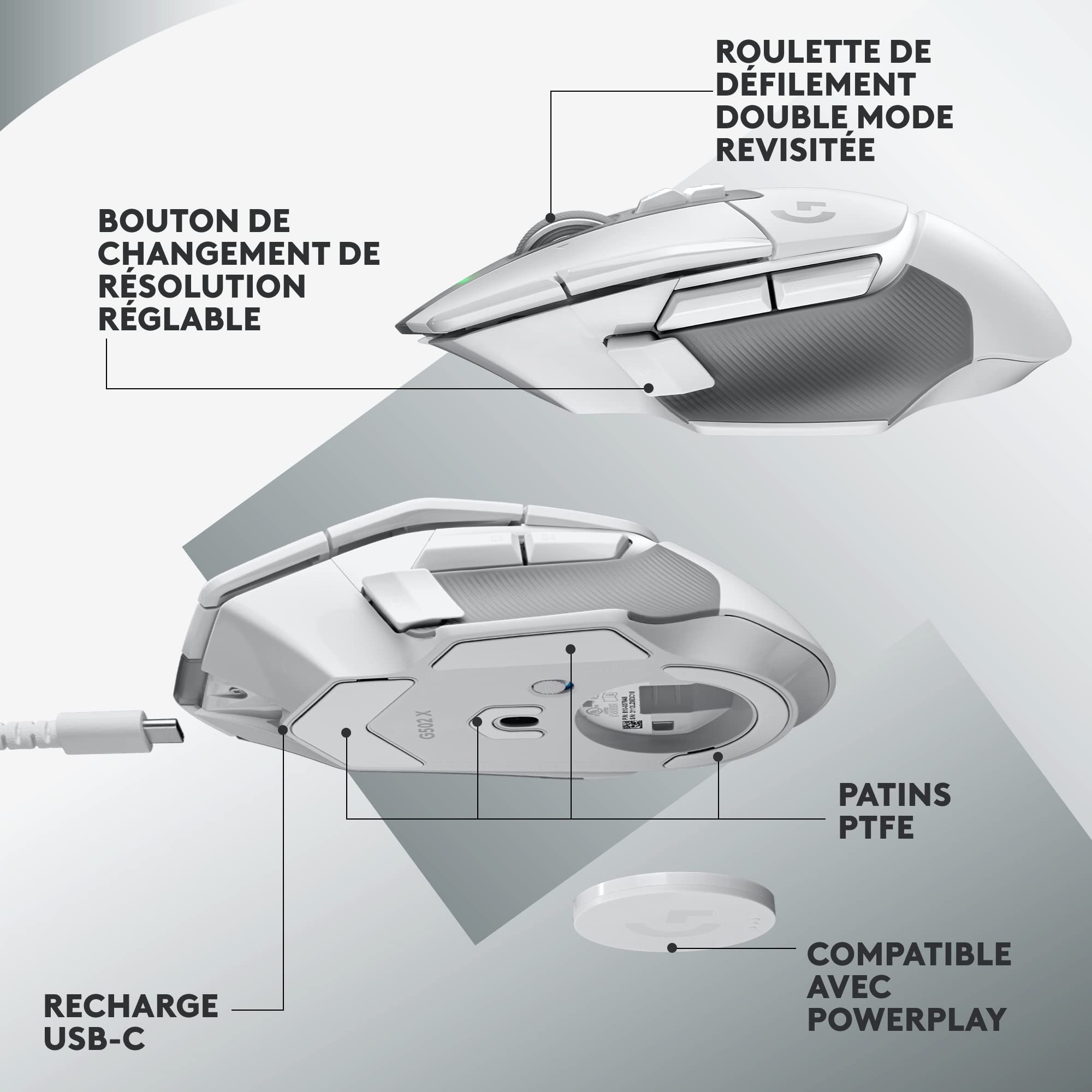Logitech G G502 X Lightspeed Souris Gaming sans Fil - Souris Optique avec Boutons optiques-mécaniques Hybrides LIGHTFORCE, Capteur Gaming Hero 25K, Compatible PC - macOS/Windows - Blanc