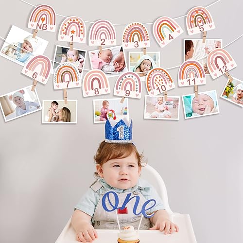 Miniatura 3 de Laumoi 13 piezas de arco iris primer cumpleaños suministros de fotos arcoíris bebé hito mensual foto banner guirnalda rosa de recién nacido a 12
