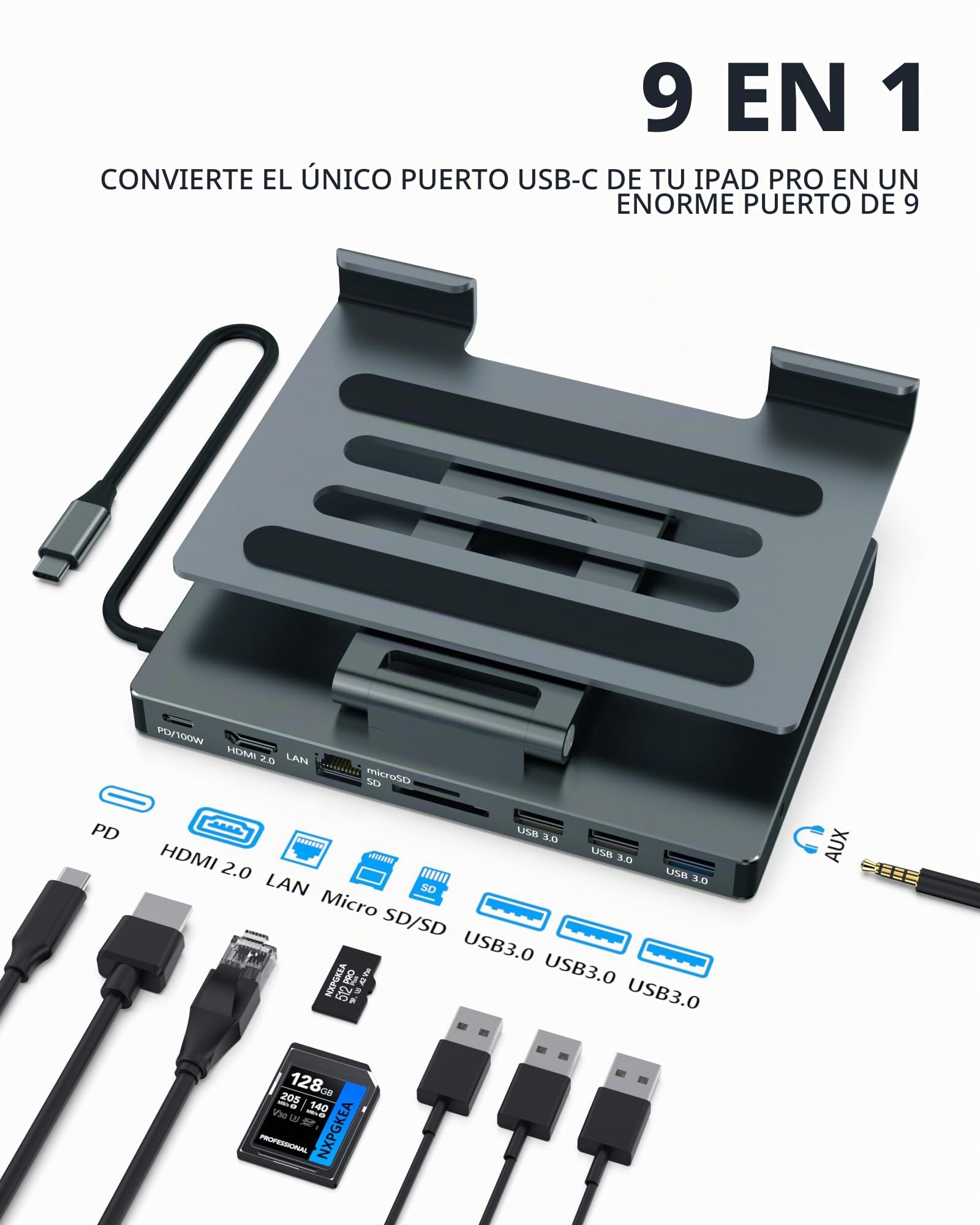 2026 iPad Pro USB C Hub Stand, Adapter for iPad Air M5 M4 M3 13 11 12.9 Inch Docking Station 4K 60Hz HDMI, RJ45 Ethernet, SD/TF Card Reader, 3 USB 3.0 Port, 3.5mm Audio, iPad A16 Galaxy Tablet Dock