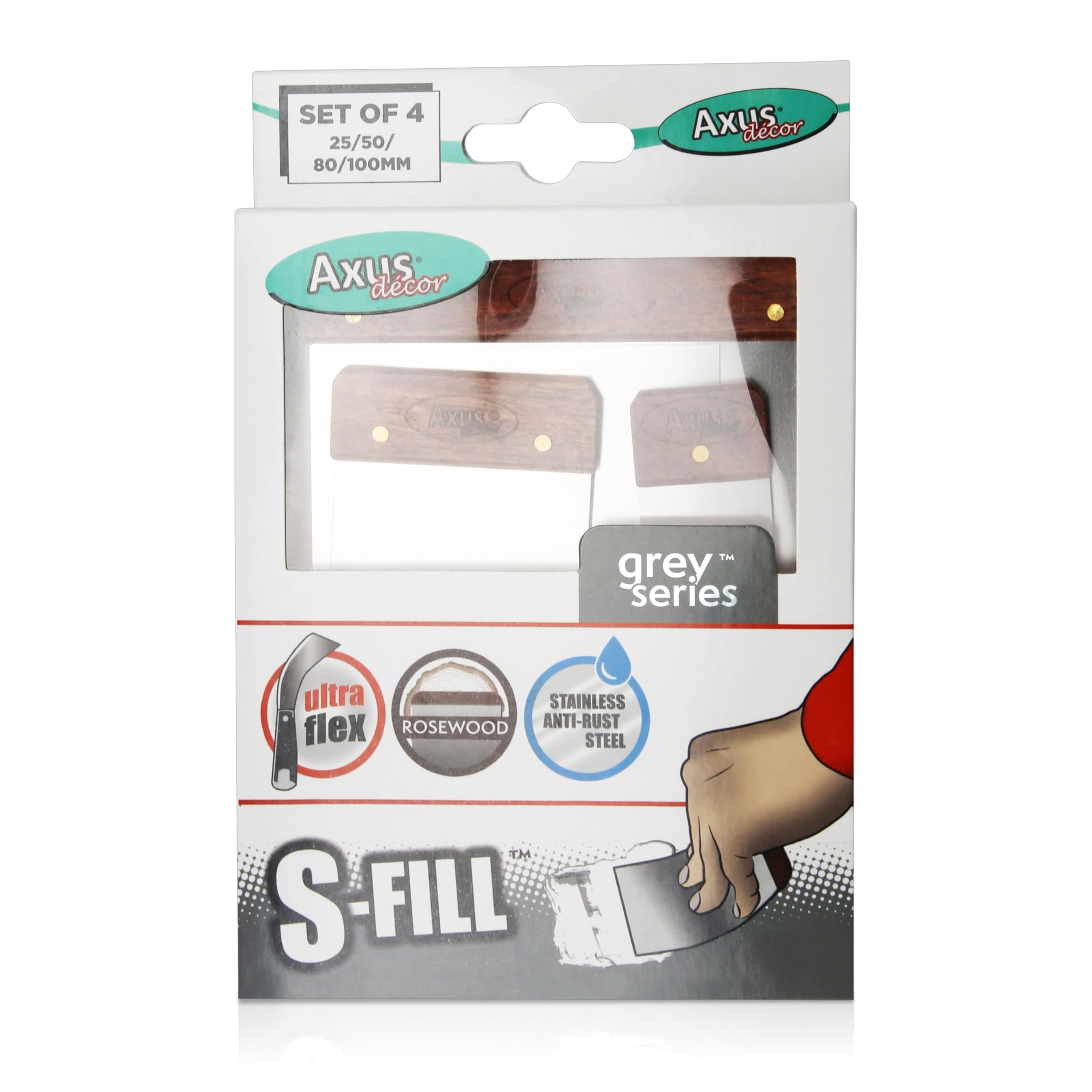 Axus Decor Grey S-Fill Compact Filler Applicators ( Series) Stainless Steel Flexible Putty Knife Set For Professional & Diy Projects, Extra Thin Blade & Rosewood Handle - 25Mm, 50Mm, 80Mm, 100Mm