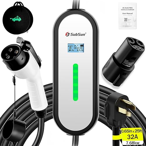 SubSun Universal Portable Level 2 EV Charger 32Amp 240V Electric Car Charger for All North American EVs Includes J1772 and Tesla, 25FT EV Charging Cable with NEMA 14-50 Plug (with Tesla Adapter)