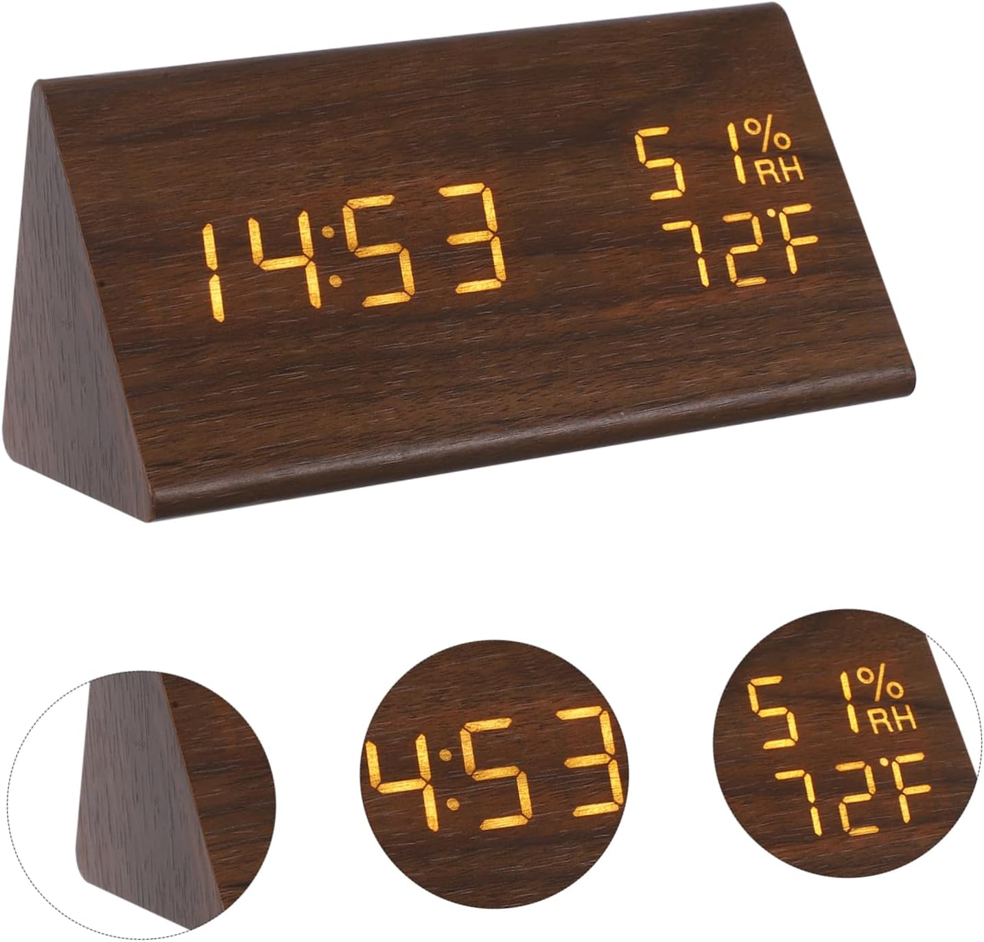 Led Digital Alarm Clock Triangle Shape Wooden Humidity Temp Display Desk Clock for Bedroom