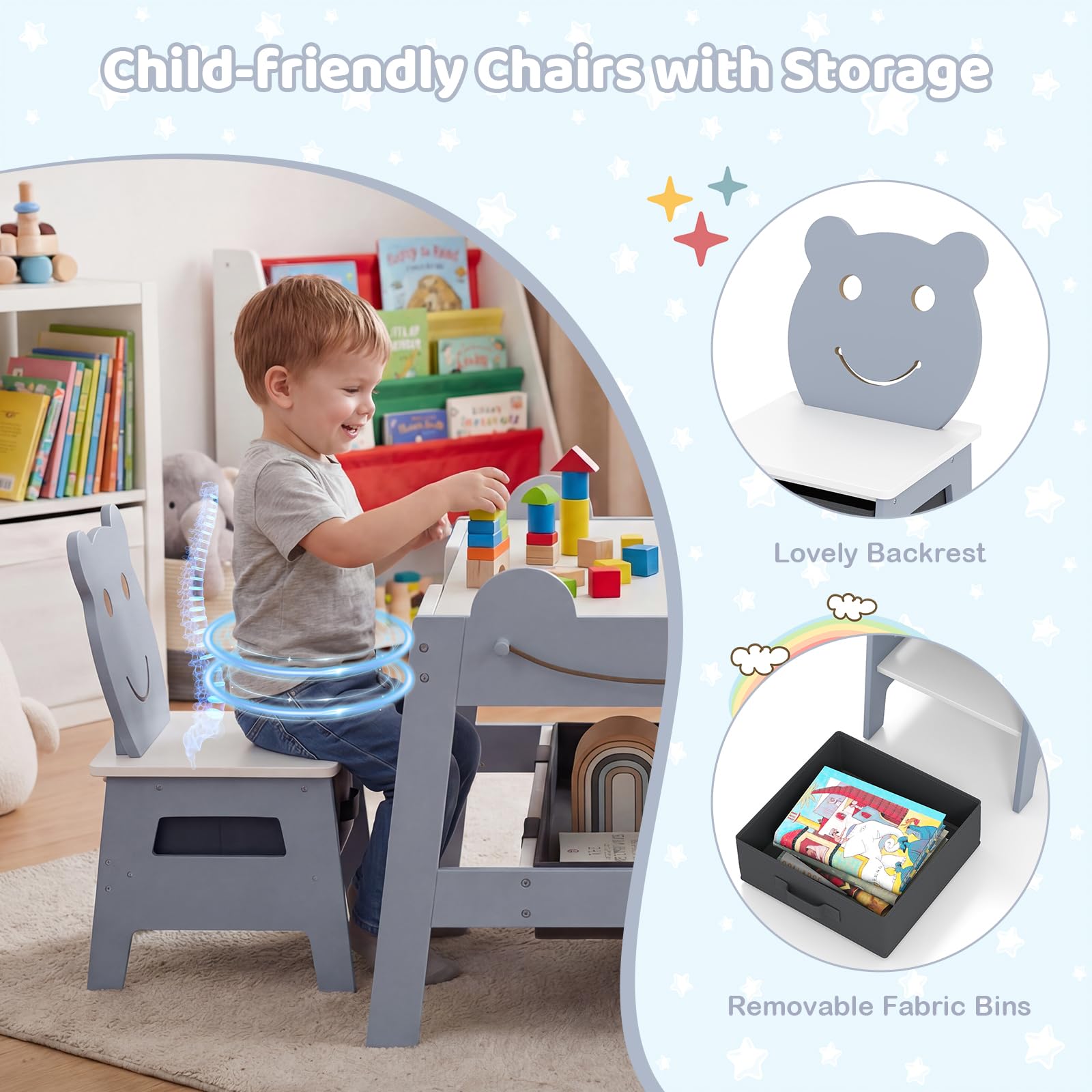 LIFEZEAL Tavolo Bambini con 2 Sediel, Tavolino Legno 5 in 1 con Piano Reversibile Lavagna/Bianco, 4 Ganci, 2 Cassetto in Tessuto, 1 Contenitori, per 3 Anni+ (Grigio, 70 x 60,5 x 50 cm)