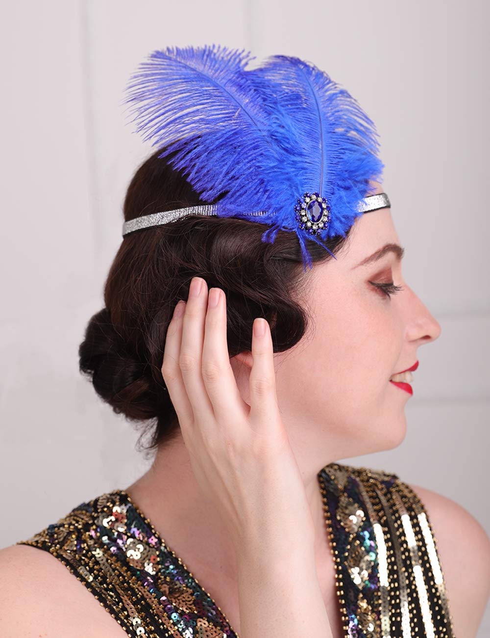 Anglacesmade 1920s Flapper Peacock Feather Headband Royal Blue with Elastic Band Costume Feather Headpiece Great Gatsby Hair Jewelry for Women and Girls - Image 3