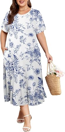 BELAROI Women Maxi Dress Casual Summer Crew Neck Short Sleeve Midi Tshirt Dress with Pockets Beach Cover Ups