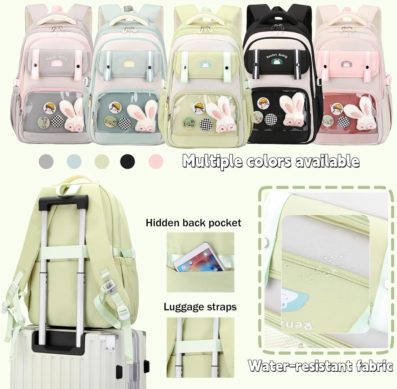 Mildame Kawaii School Backpack for Teen Girls, Cute Bookbags for Elementary Middle School, Multiple Pockets Girls Daypack with Accessories, Grey - Image 6