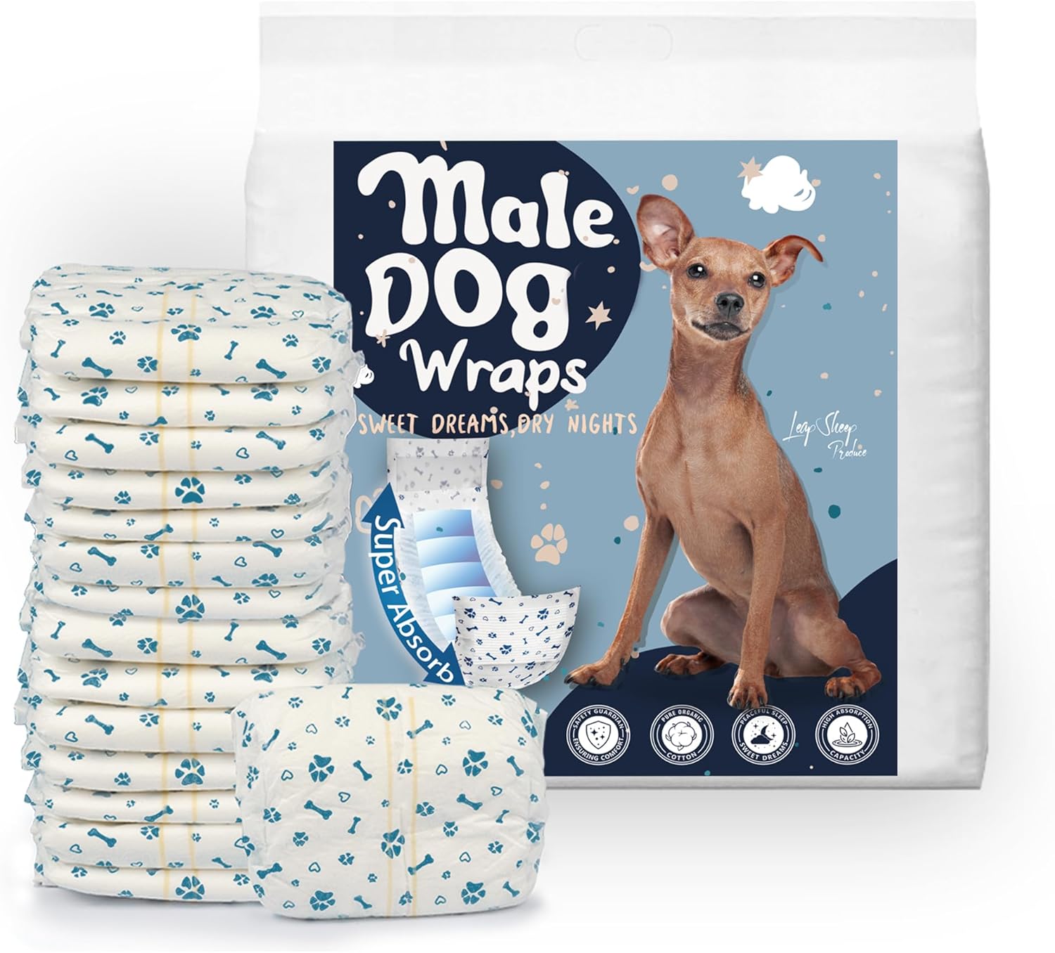 LeapSheep Disposable Dog Diapers Male, Super Absorbent Male Dog Wraps, Puppy Diapers for Doggie Training, Excitable Urination, Incontinence (Small, 50ct)