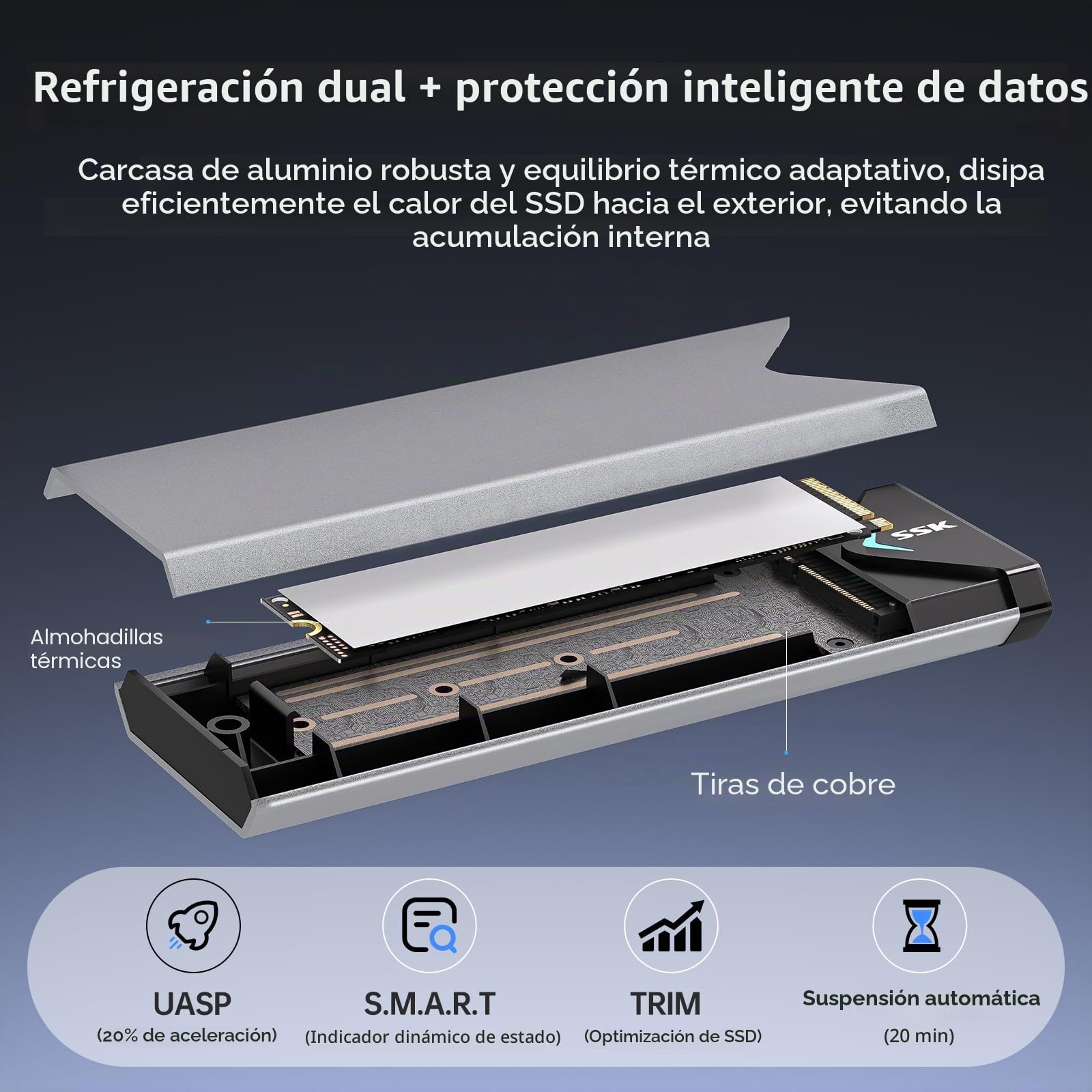 SSK Adaptador de Caja SSD SATA M.2 NVME de Aluminio, USB 3.2 Gen 2 (10 Gbps) a PCI-E NGFF M-Key/(B+M) Key Soporte de Carcasa SSD Externa UASP para SSD 2242/2260/2280