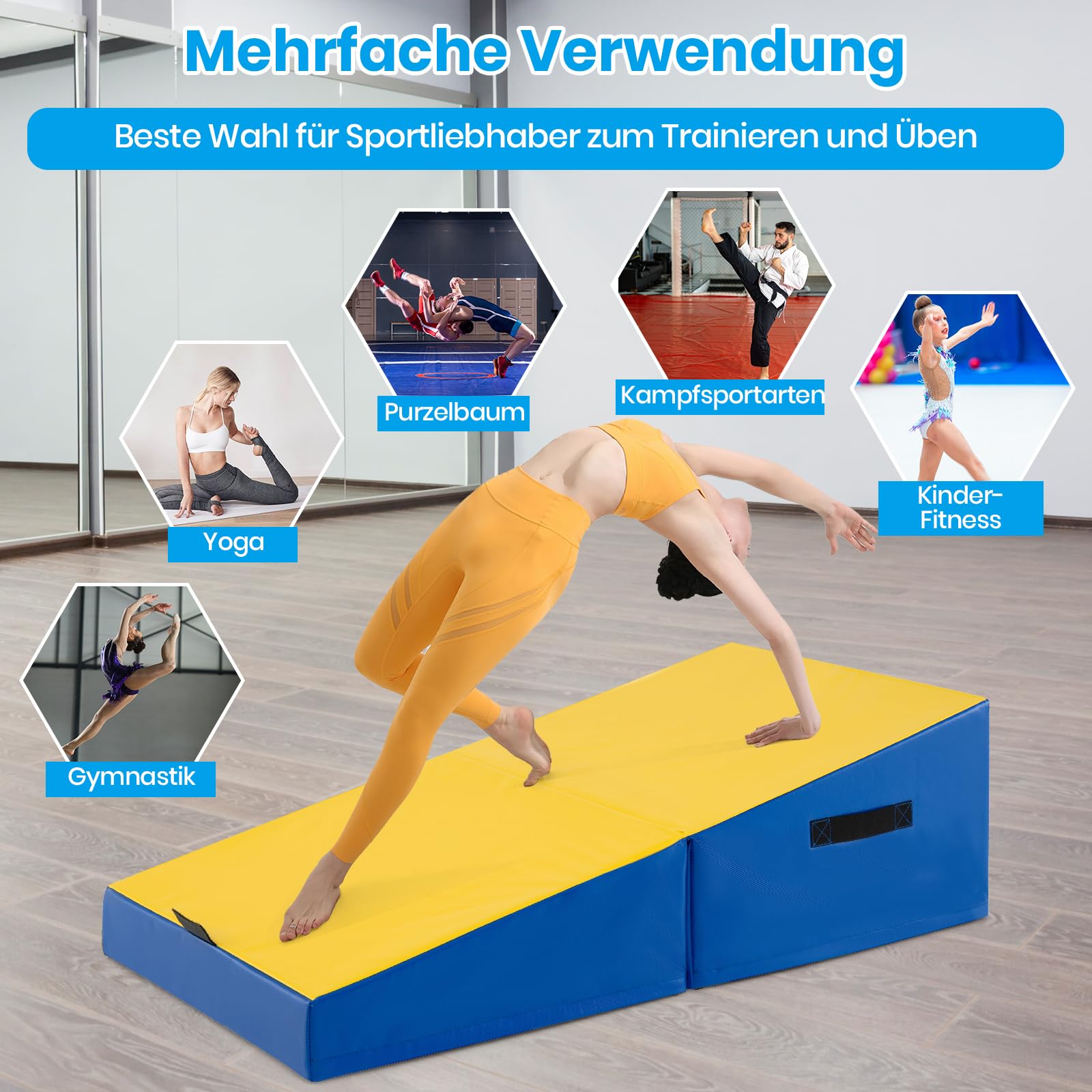 GYMAX Neigbare Gymnastikmatte faltbar, Schräge Gymnastikmatte mit Keilform & Tragegriff, Weichbodenmatte, Fitnessmatte, Trainingsmatte für Kinder& Erwachsene