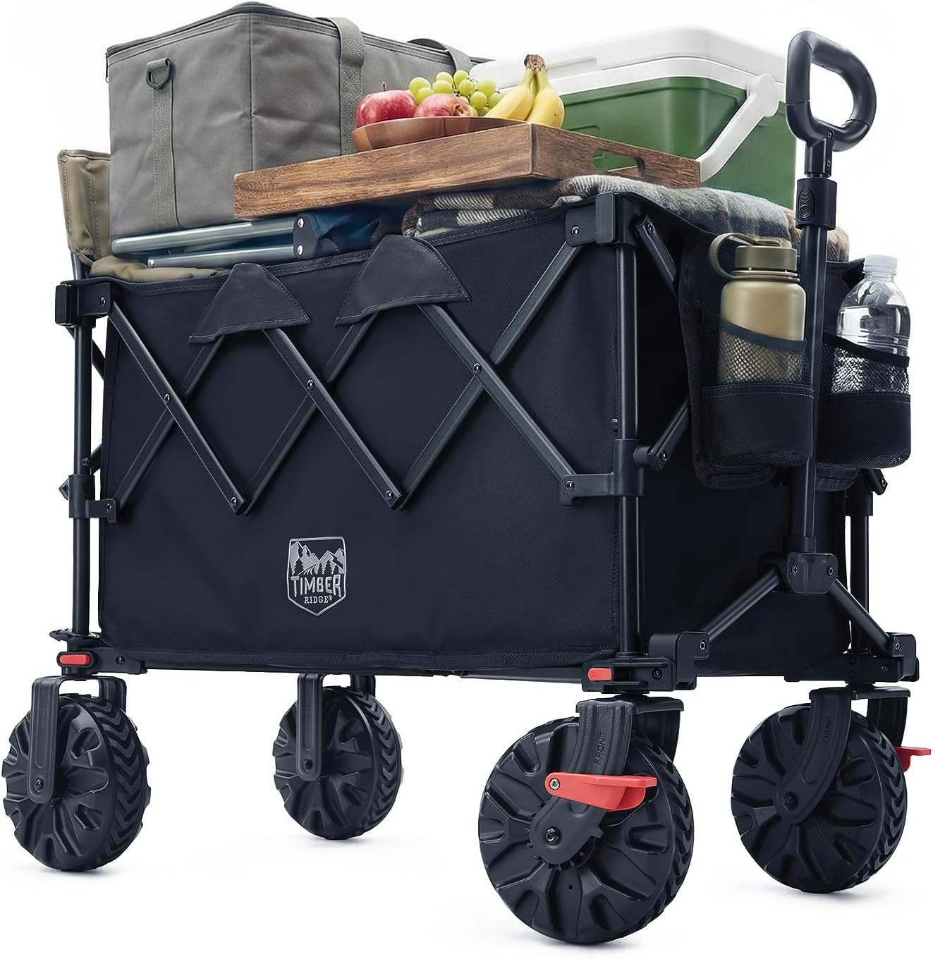 TIMBER RIDGE Folding Festival Trolley on Wheels 250L Foldable Camping Trolley with Brakes, Cup Holder & Adjustable Handle, 150kg Heavy Duty Beach Wagon Cart for Camping Shopping Outdoor Garden Picnic