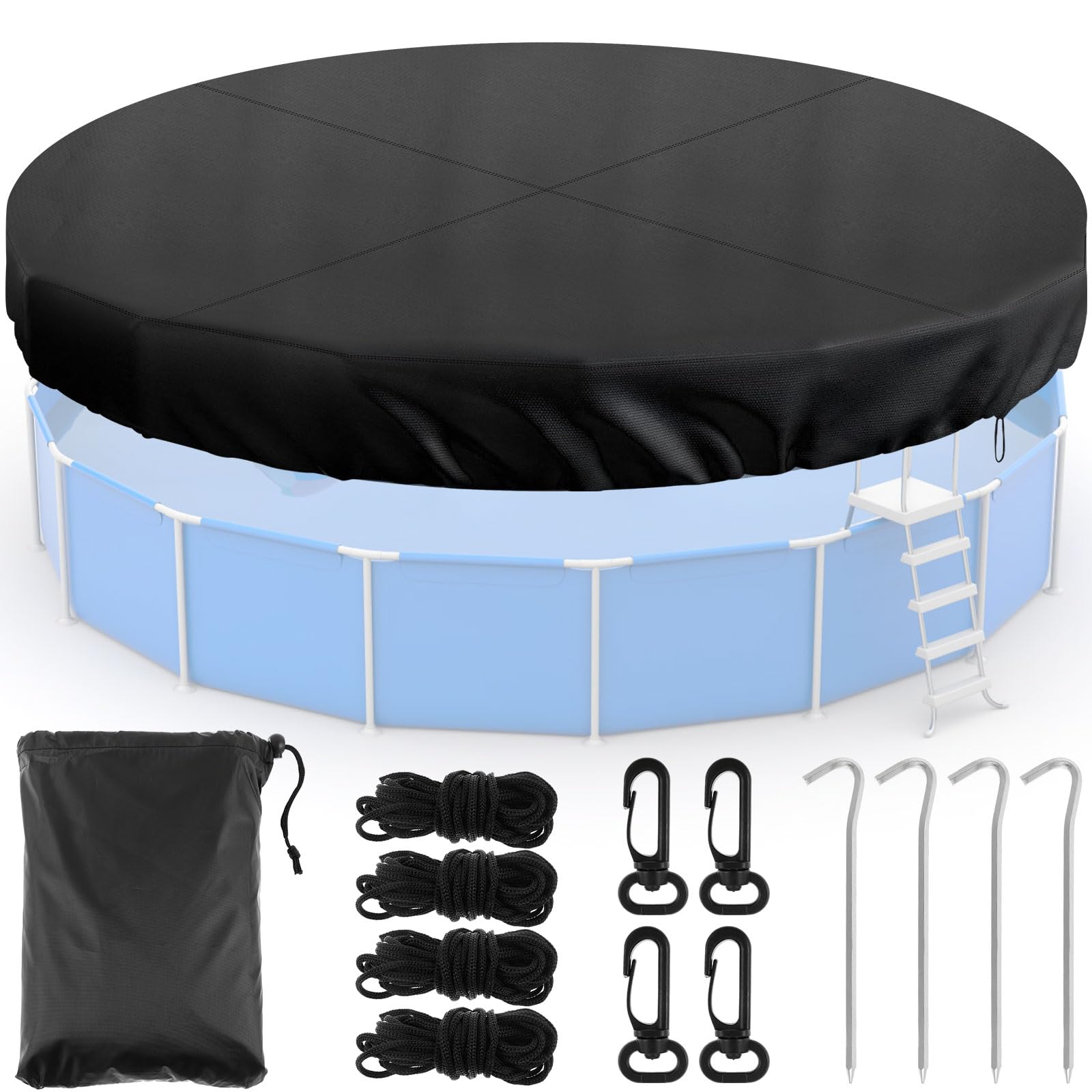 Sesaver Round Pool Cover Dustproof Rainproof Frame Pool Cover with Drawstring Design Sturdy 210D Oxford Cloth for Inflatable Family Pools Paddling Pools Outdoor Villa Garden(Black,8 feet)
