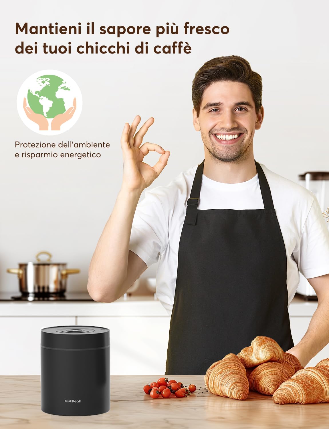 OUTPEAK Neo 2025 Kilo - Barattolo Sottovuoto Automatico per Caffè, Capacità 1,5 L, per Chicchi in Grani, Funzionamento Con Un Pulsante, Contenitore in Acciaio Inox