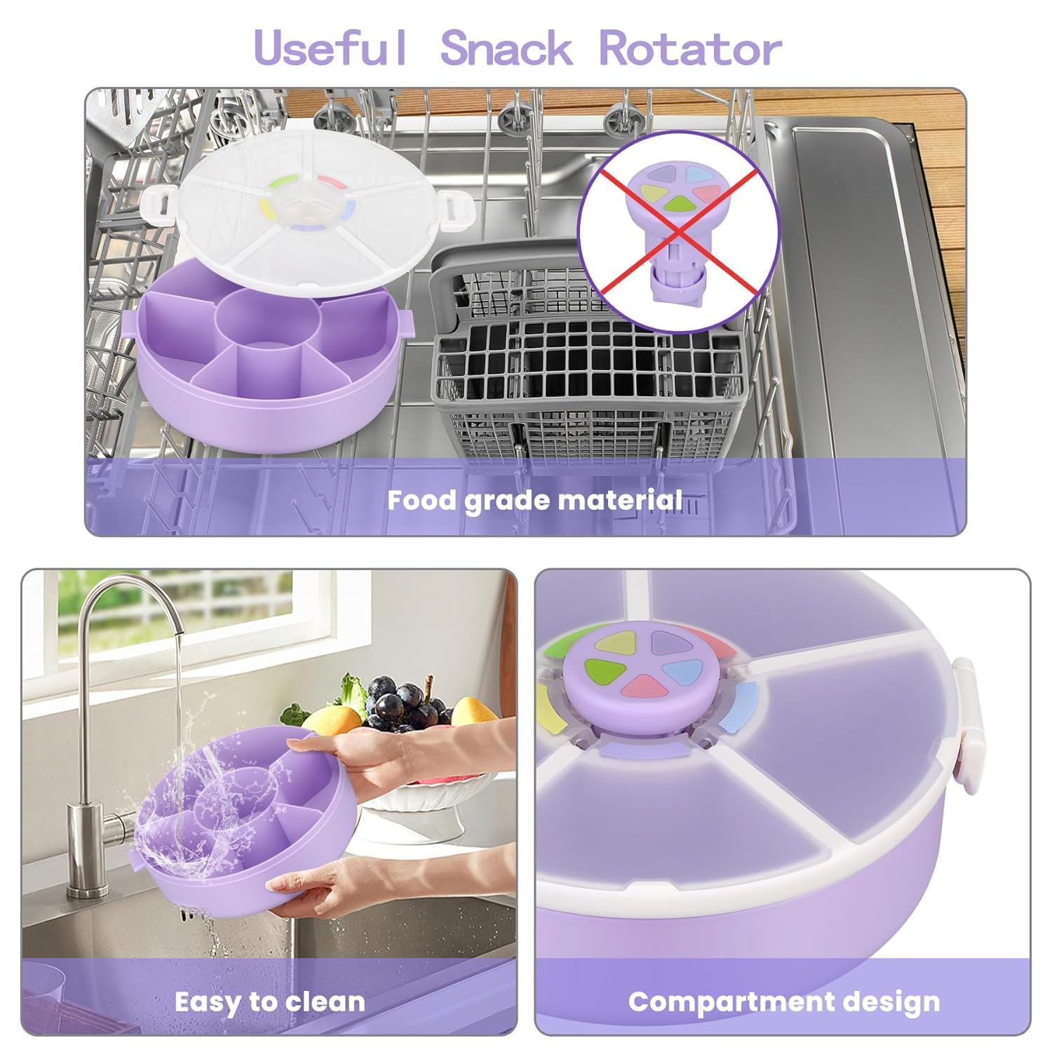Pawtong Snack Rotator Container Reusable Snack Box with 5 Compartment Dispenser and Lid, Color Matching Opening Lid, BPA and PVC Free, for Home, School, Travel (2 Pack- Purple)