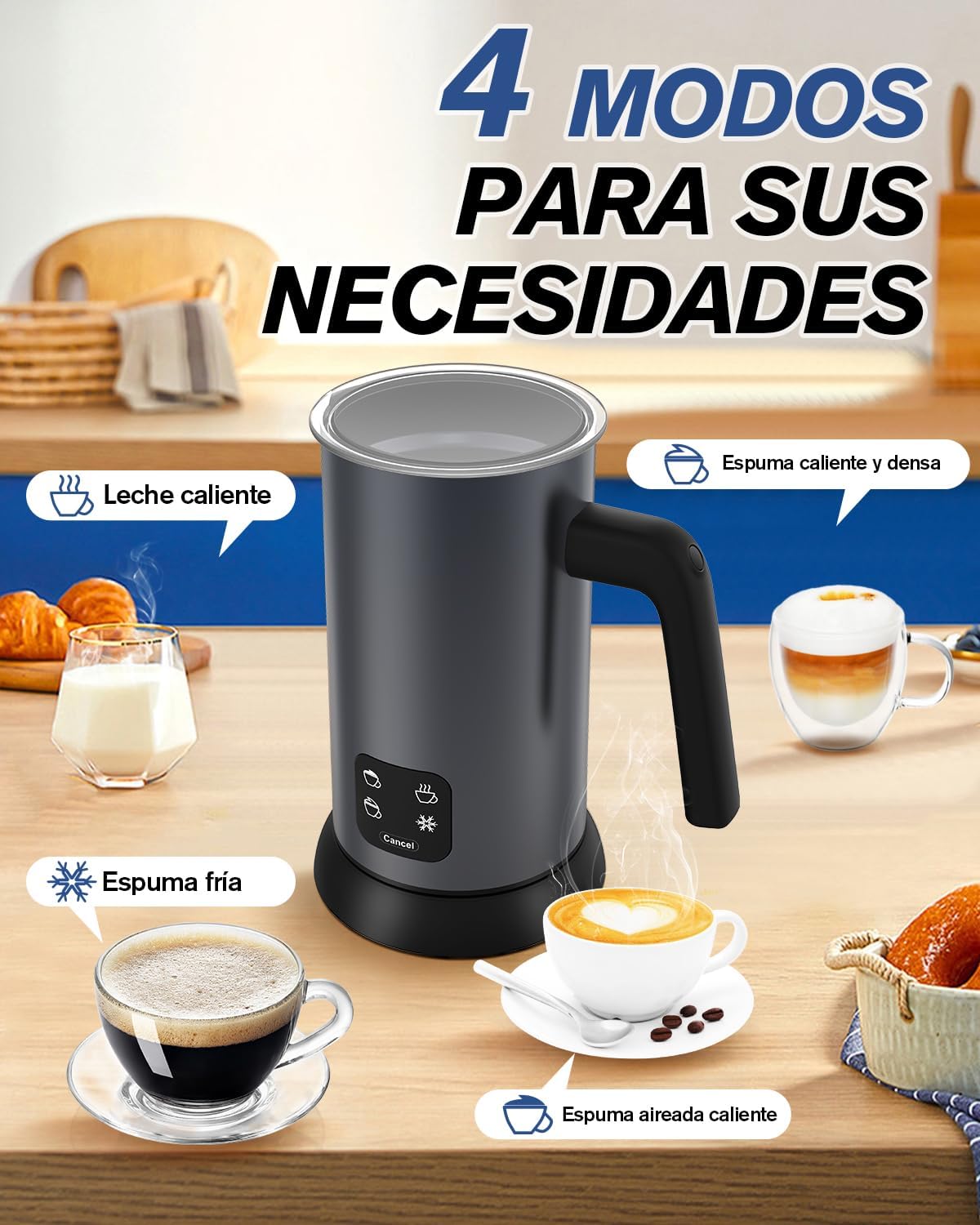 Homtronics milk frother demonstrating its four functions: hot milk, hot dense foam, cold foam, and hot airy foam.