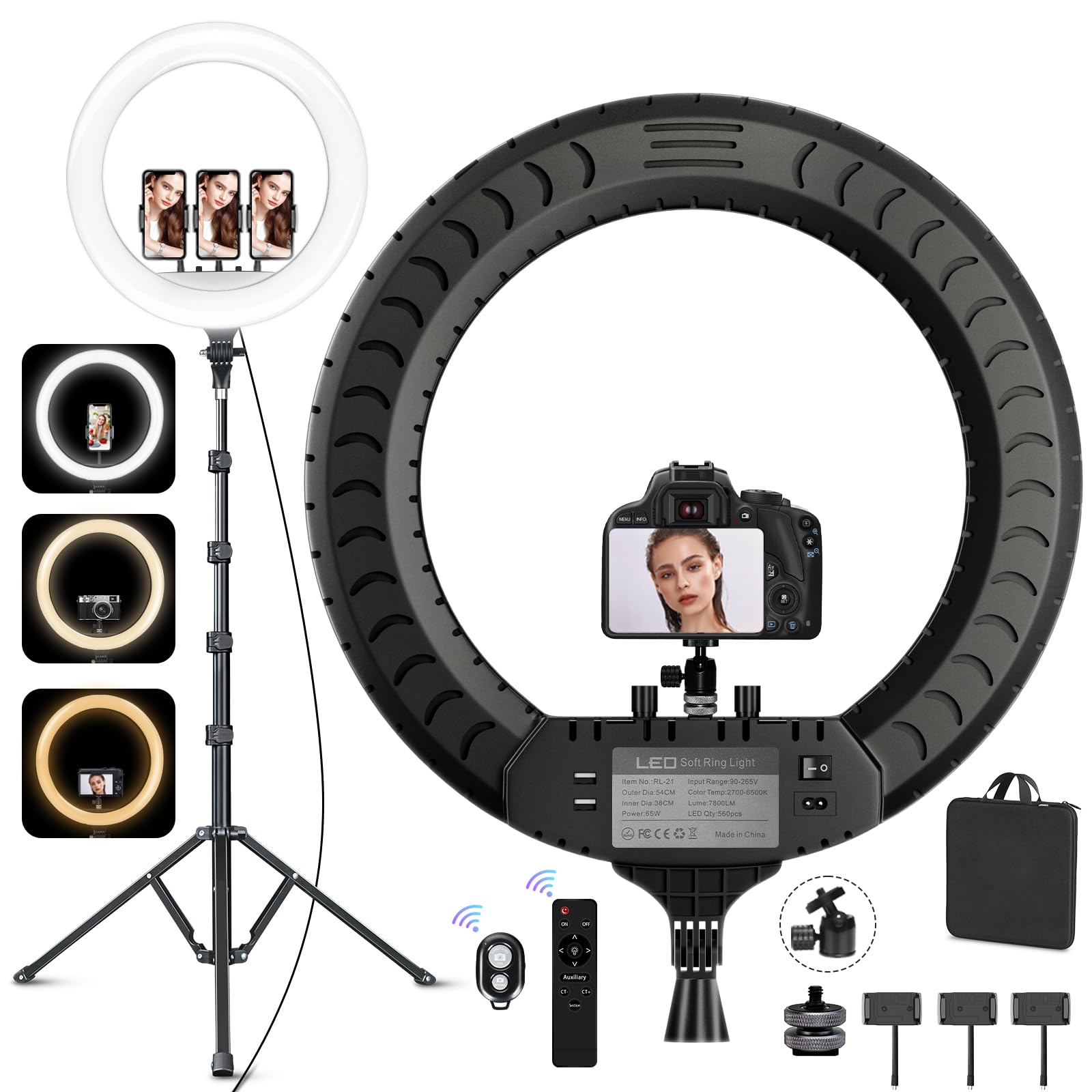 53.34CM/21 pollice Ring Light Telefono CRI 95+, Luce per Selfie 7000LM, 700K-6500K con testa per treppiede DSLR per YouTube TikTok Streaming Trucco Vlog Video Fotografia Zoom Riunione