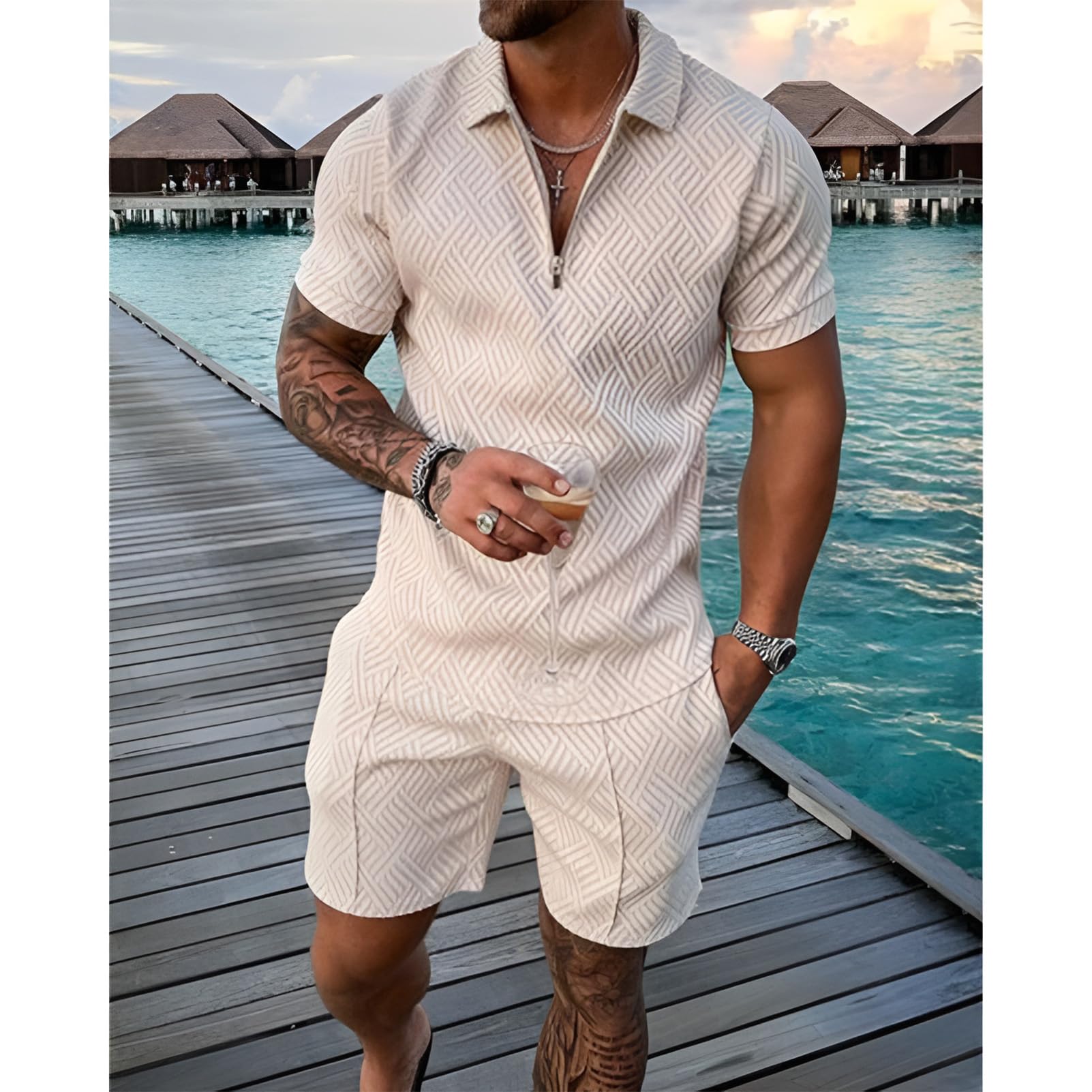 amropi Herren Sportanzug Sommer Trainingsanzug Kurzarm Reißverschluss Top und Shorts Kleidung Set
