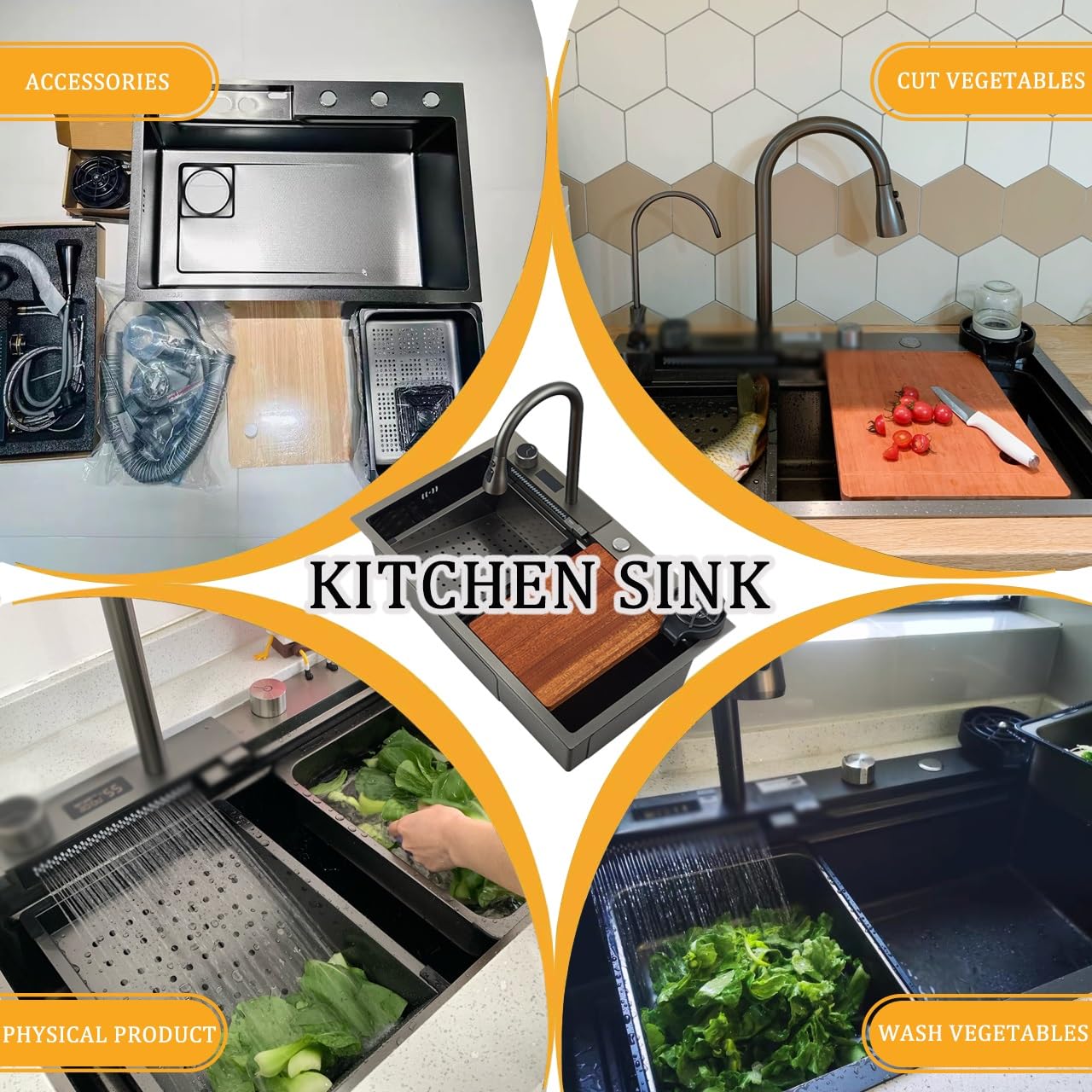 fregadero de cocina con cascada, el grifo está a la izquierda, 80x45cm, 1 cubeta, de acero inoxidable, fregadero negro grande, fregadero multifuncional con sifón y desagüe