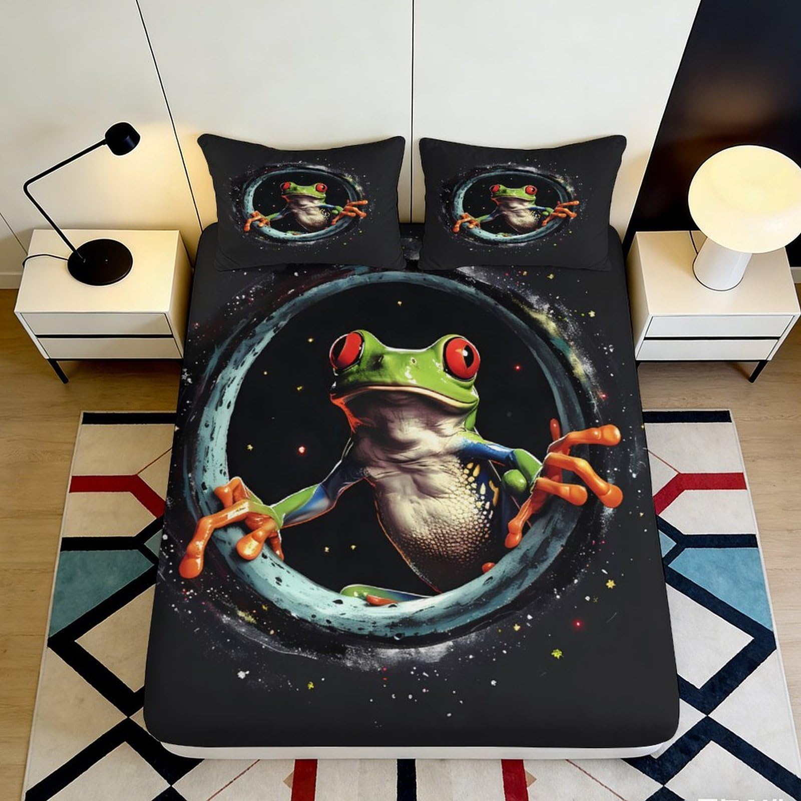 3D Printed Vibrant Frog Fitted Sheet Microfiber Anti-Slip Artistic Red Eye Frog Mattress Cover for Bedroom Dorm Decorative 90x200x25cm