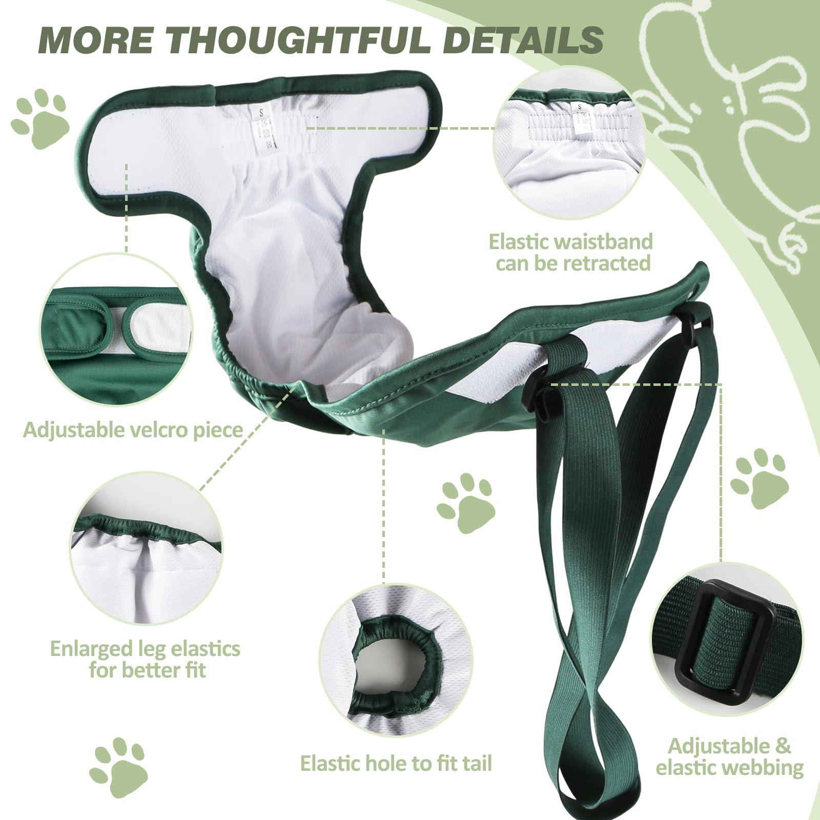 Hisprout 3-Pack Female Dog Diaper with Suspender Reusable Washable Breathable Durable Doggie Pants for Heat Season Period Incontinence(XS,Green/Khaki/Gray) - Image 2
