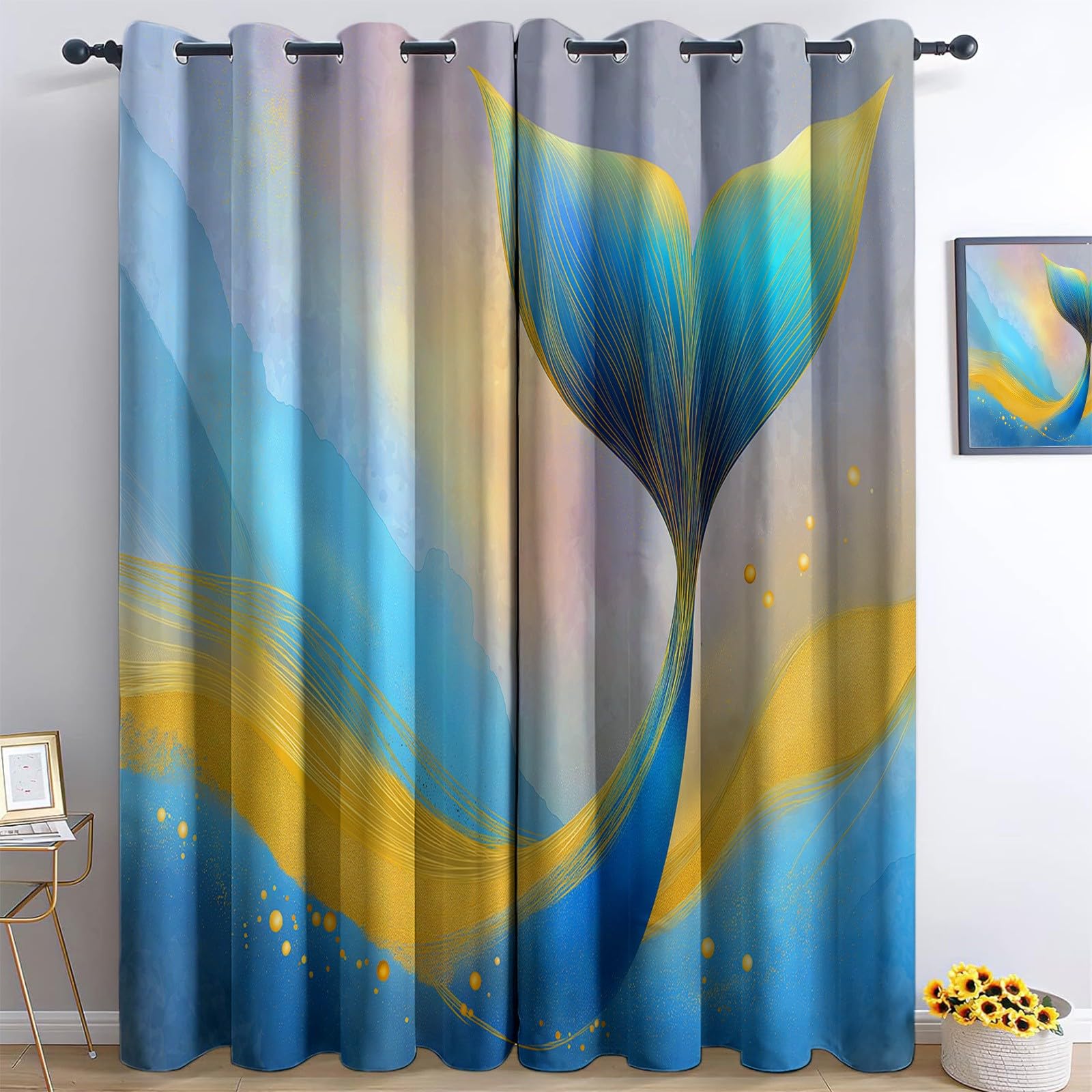 Zasłony termoizolacyjne, 140 x 250 cm, marzycielska zasłona z oczkami z ogonem syreny, pełne światło, blokada pokoju, redukcja hałasu, nadruk do jadalni, sypialni, 2 panele, niebieskie