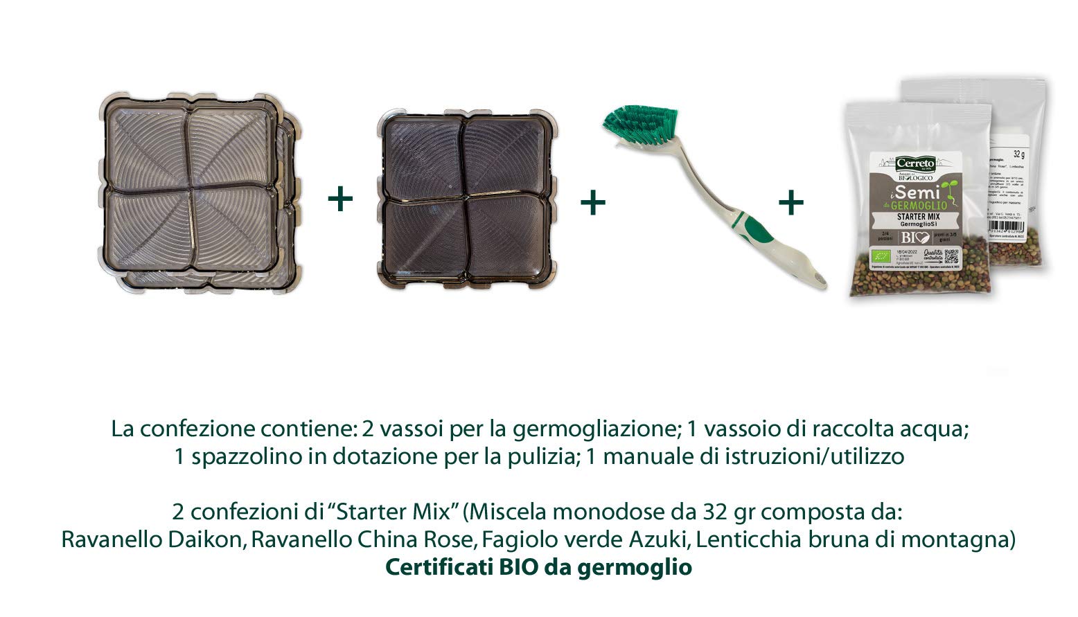 GermoglioSì Smart INIZIA A GERMOGLIARE Germogliatore per Semi BPA Free + 2 Confezioni in Omaggio di Mix di Semi 32gr., Multifunzione Innovativo Brevettato 3 vassoi