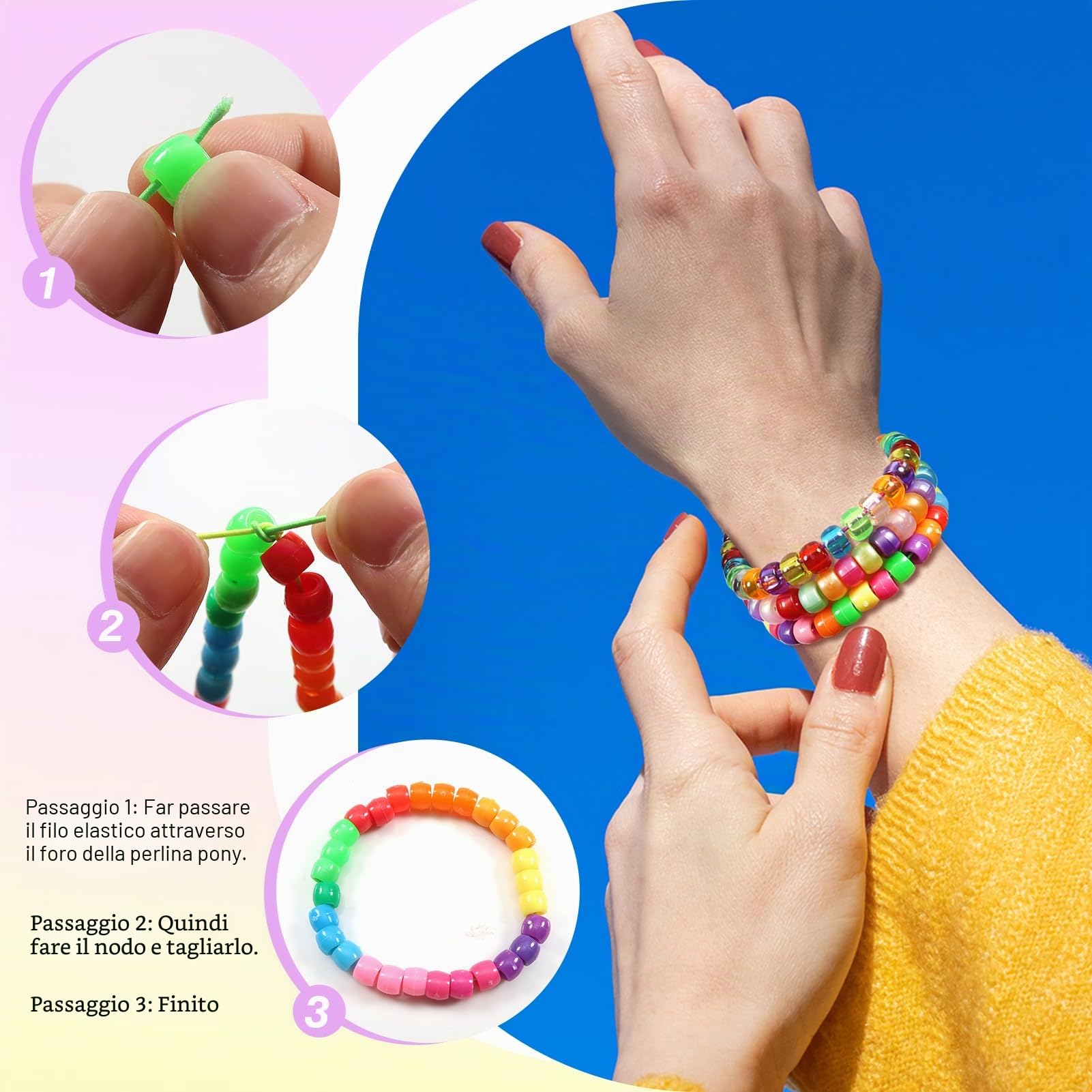 TOAOB 1000 Pezzi Perline Colorate in Acrilico Pony Beads 6x9mm | 3 stili, Perline con Foro Grande e 60 Metri Linea Elastica per Braccialetti Bigiotteria Collane Gioielli Fai Da Te