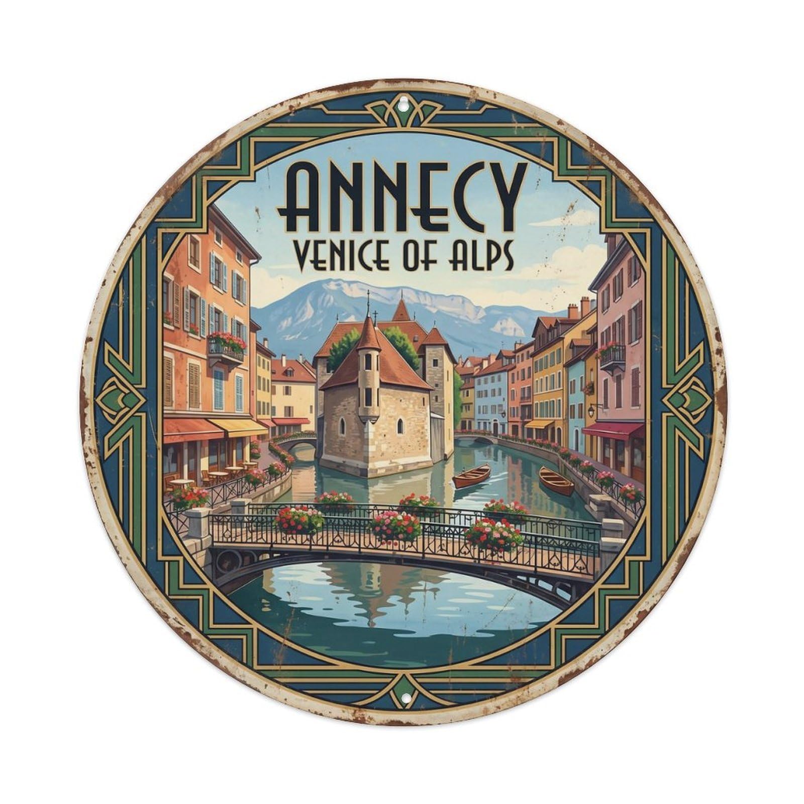 Vintage Travel Annecy France Canals Metal Tin Sign Plaque Wall Decor for Cafe, Club, Garden Round Metal Poster 8x8Inch