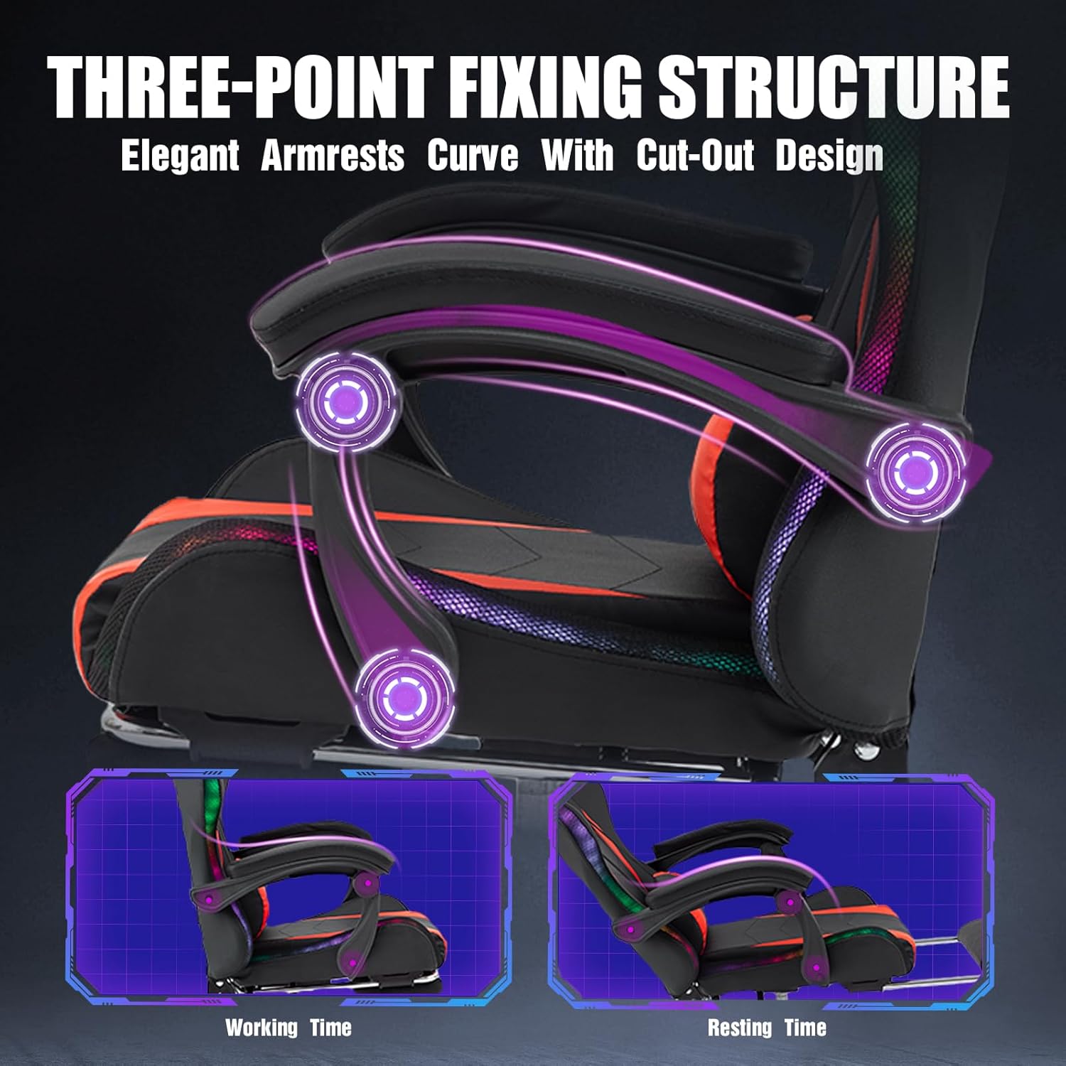 RGB Gaming Chair with Footrest, Computer Gaming Chair with LED Lights for Adults, Reclining Gamer Chair with Adjustable Headrest, Lumbar Support and Linkage Armrests for Home, Office, Gaming Room
