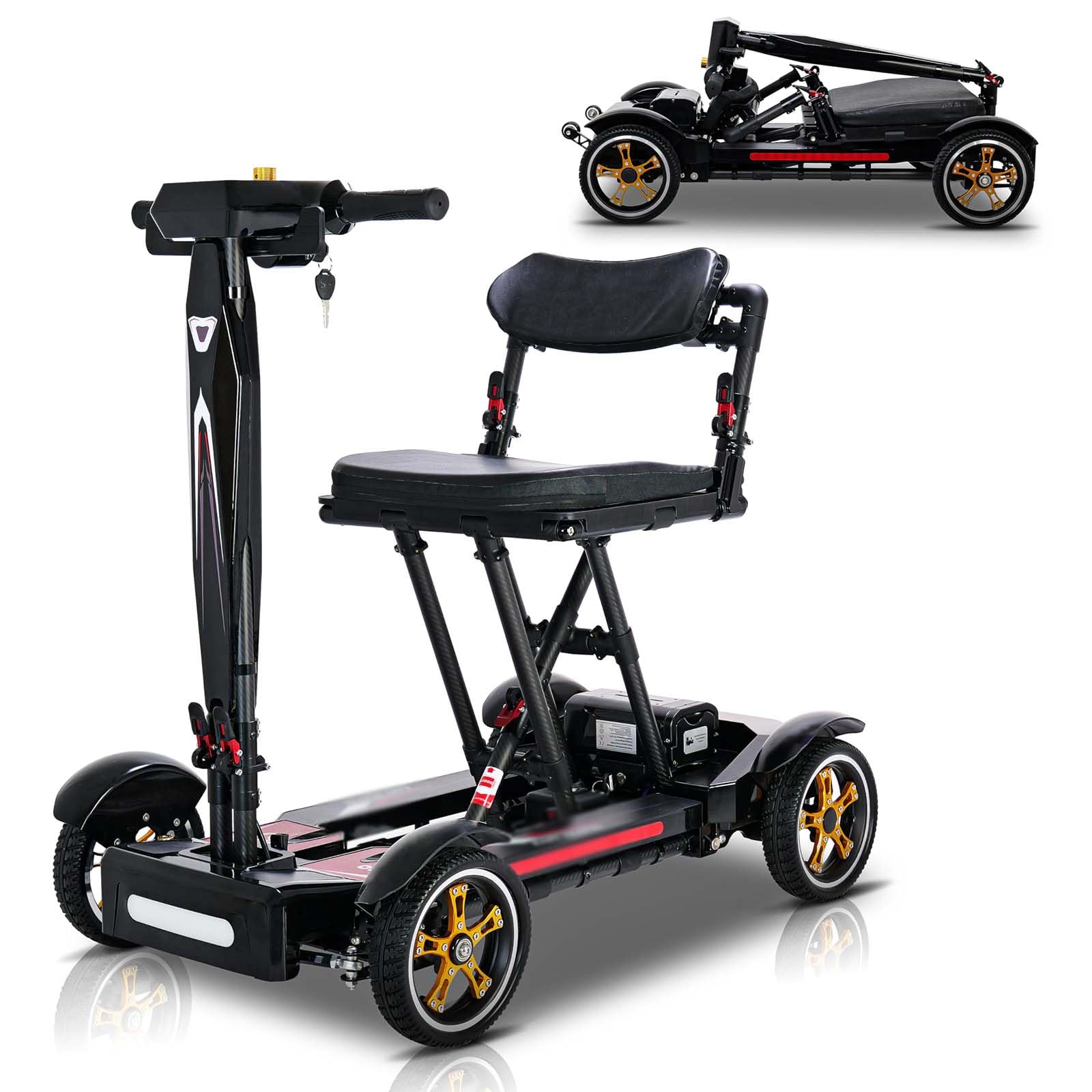 Scooter De Movilidad Plegable,Scooter De 4 Ruedas, Scooter De Viaje Portátil, para inválidos y Mayores - Batería de Larga duración, con Asiento Y Cesta,Negro