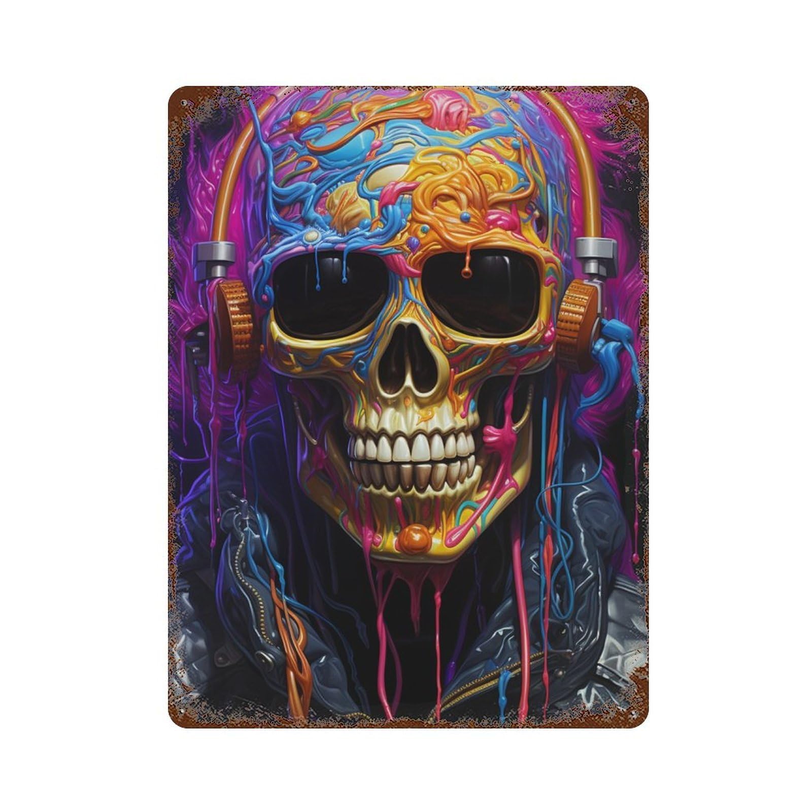 Distressed Metal Wall Sign with Colorful Skull Headphones Artwork Design 15.7"x11.8", for Cafe, Home Bar And Lounge Decor, Retro Wall Decor
