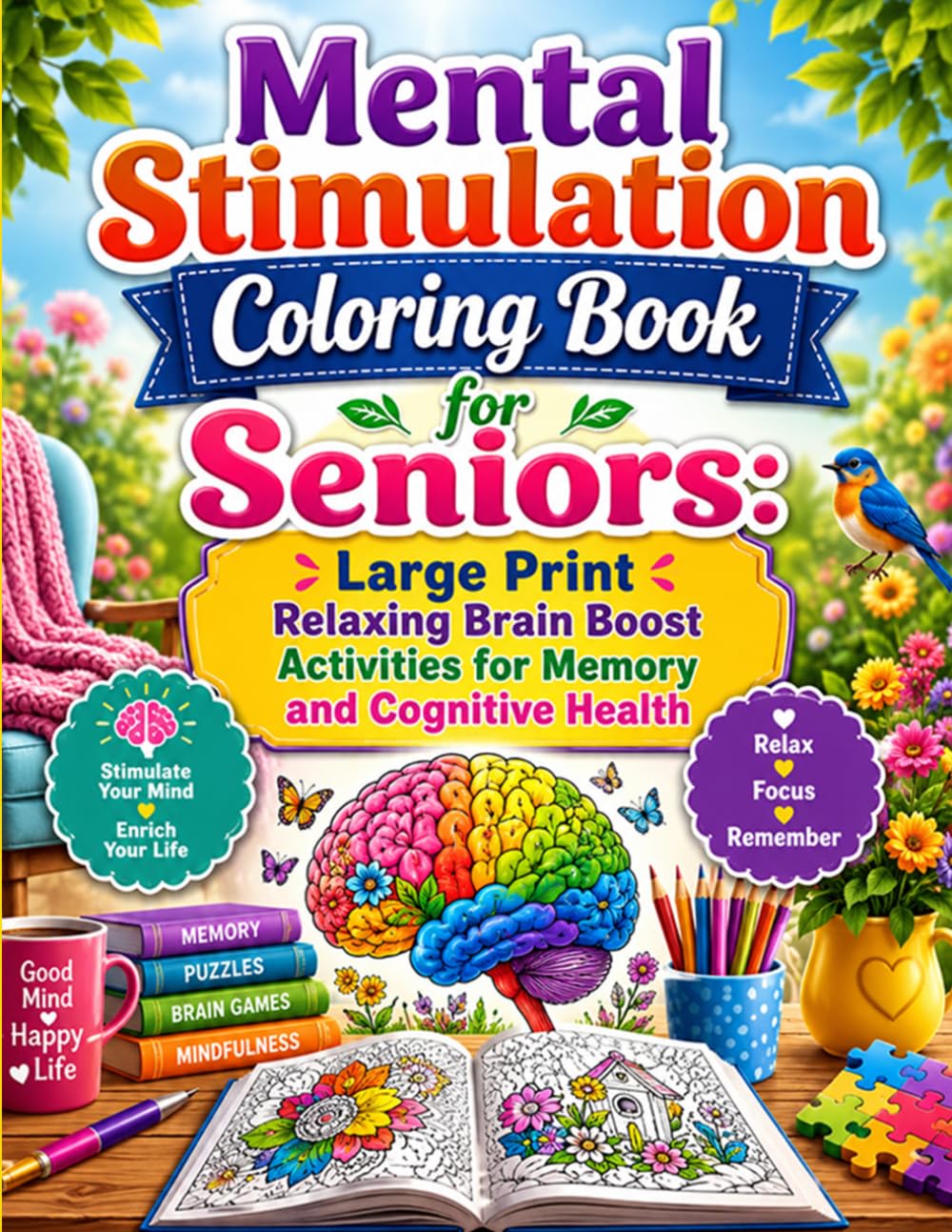 Mental Stimulation Coloring Book for Seniors: Large Print Relaxing Brain Boost Activities for Memory and Cognitive Health
