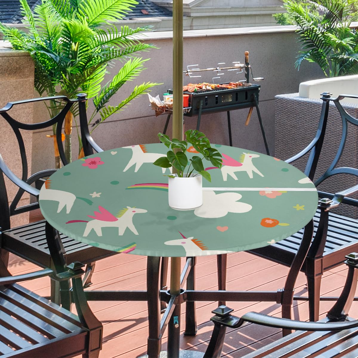 XMNYGJ Cute Magic Horses Round Fitted Tablecloth with Umbrella Hole Zipper for Patio Picnic Tables Elastic Outdoor Table Cover Waterproof and Stain Resistant 45-56 Inch