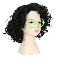 Vista 2 de M MISS U HAIR Missuhair - Peluca de disfraz para niñas con lentes verdes aretes cortos negros rizados para Halloween cosplay